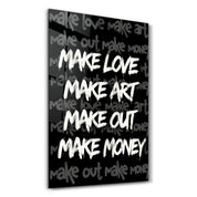 Make Love, Make Art glass wall art by Artdesigna featuring a colorful abstract design