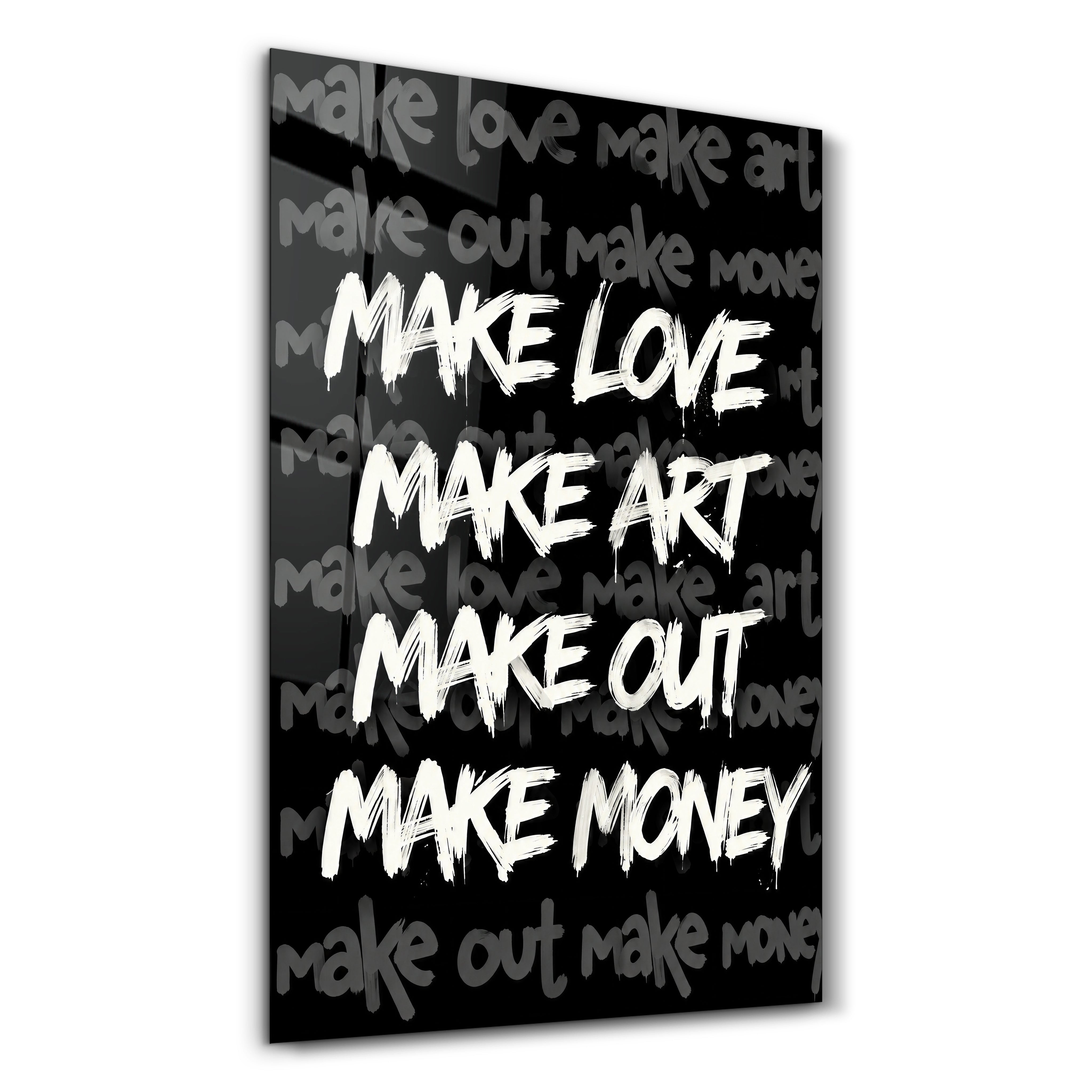 Make Love, Make Art glass wall art by Artdesigna featuring a colorful abstract design
