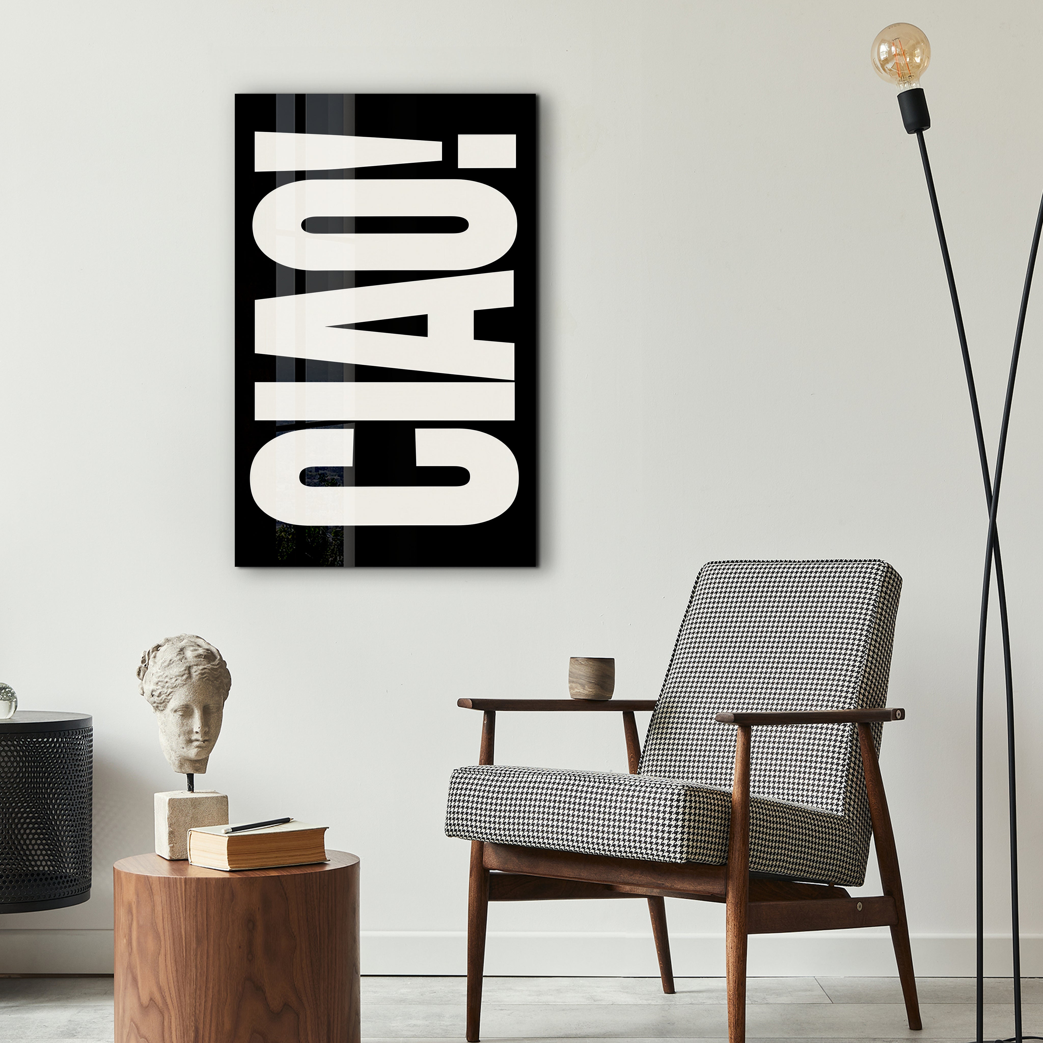 Ciao! Bold Type glass wall art by Artdesigna in a modern interior setting