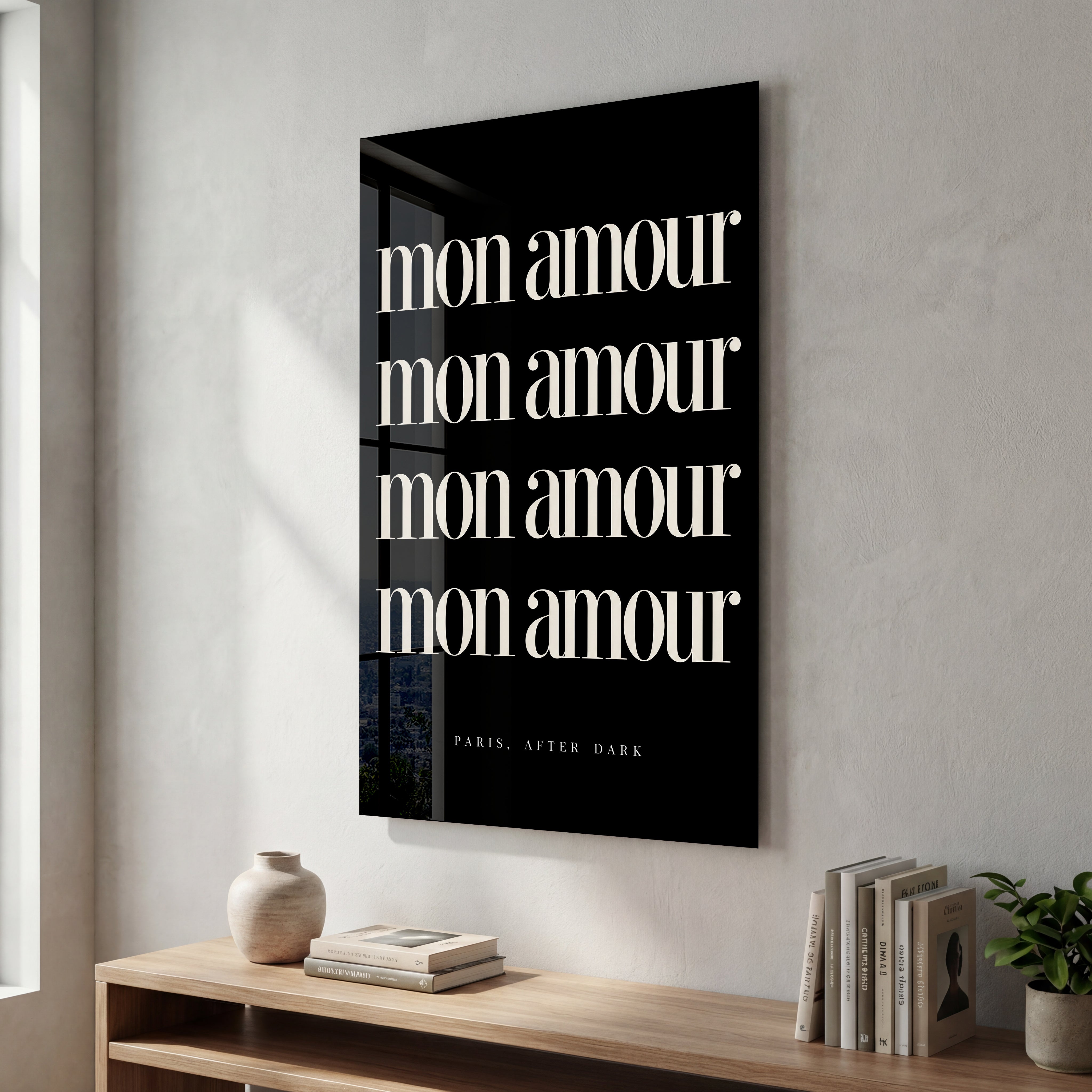 Mon Amour glass wall art by Artdesigna, featuring a romantic decorative design on transparent glass