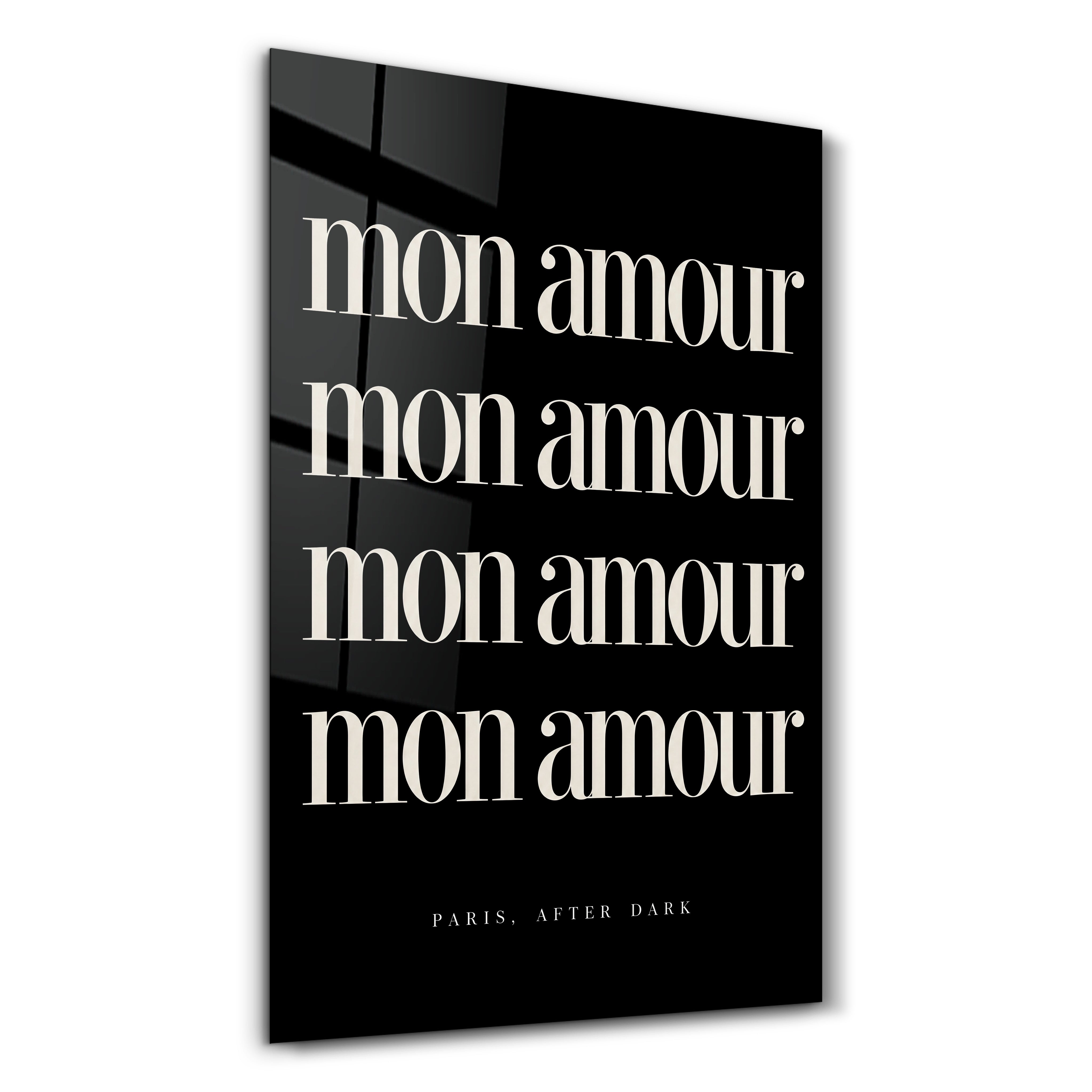 Mon Amour glass wall art by Artdesigna, featuring a romantic decorative design on clear glass panel