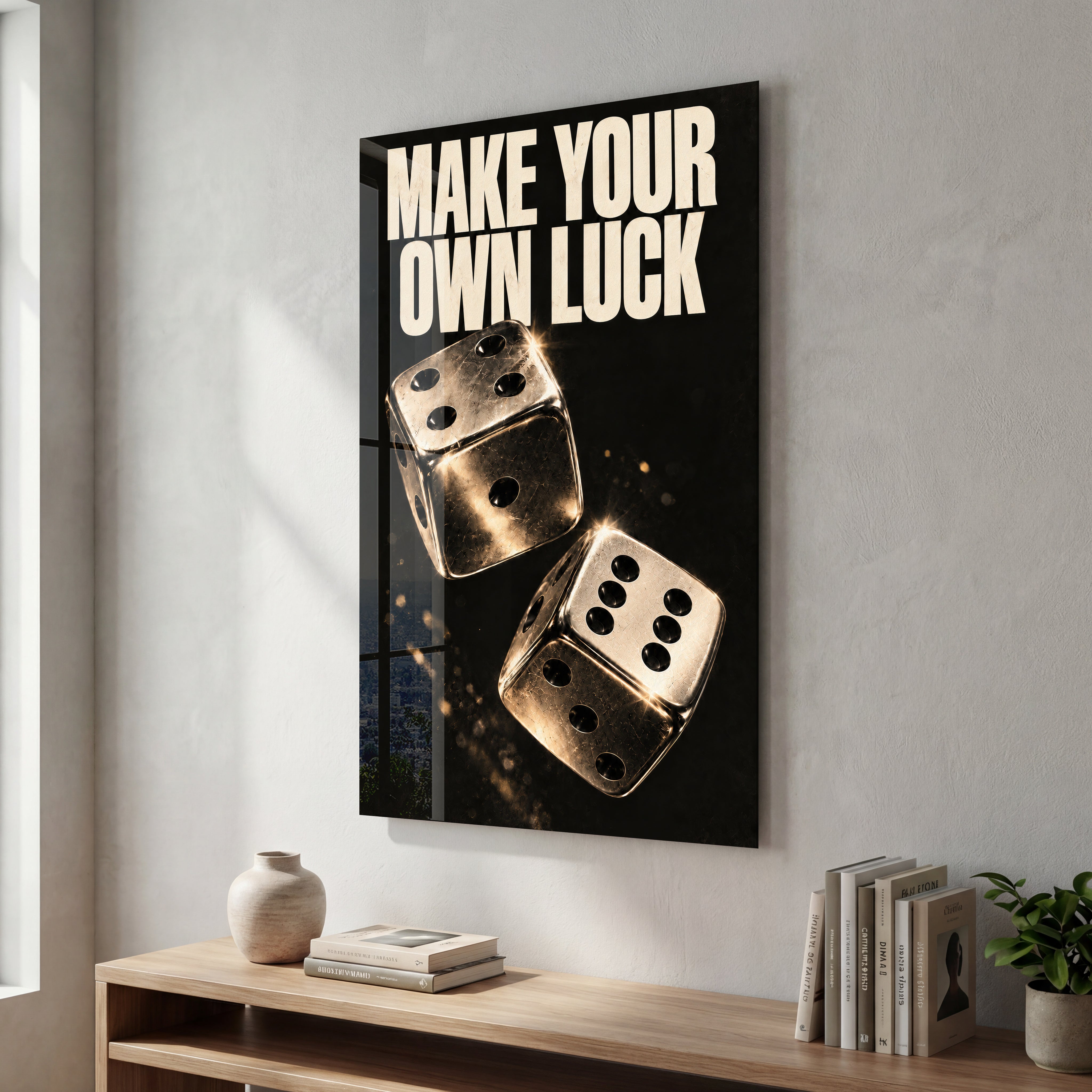 Artdesigna Make Your Own Luck glass wall art with bold typography design