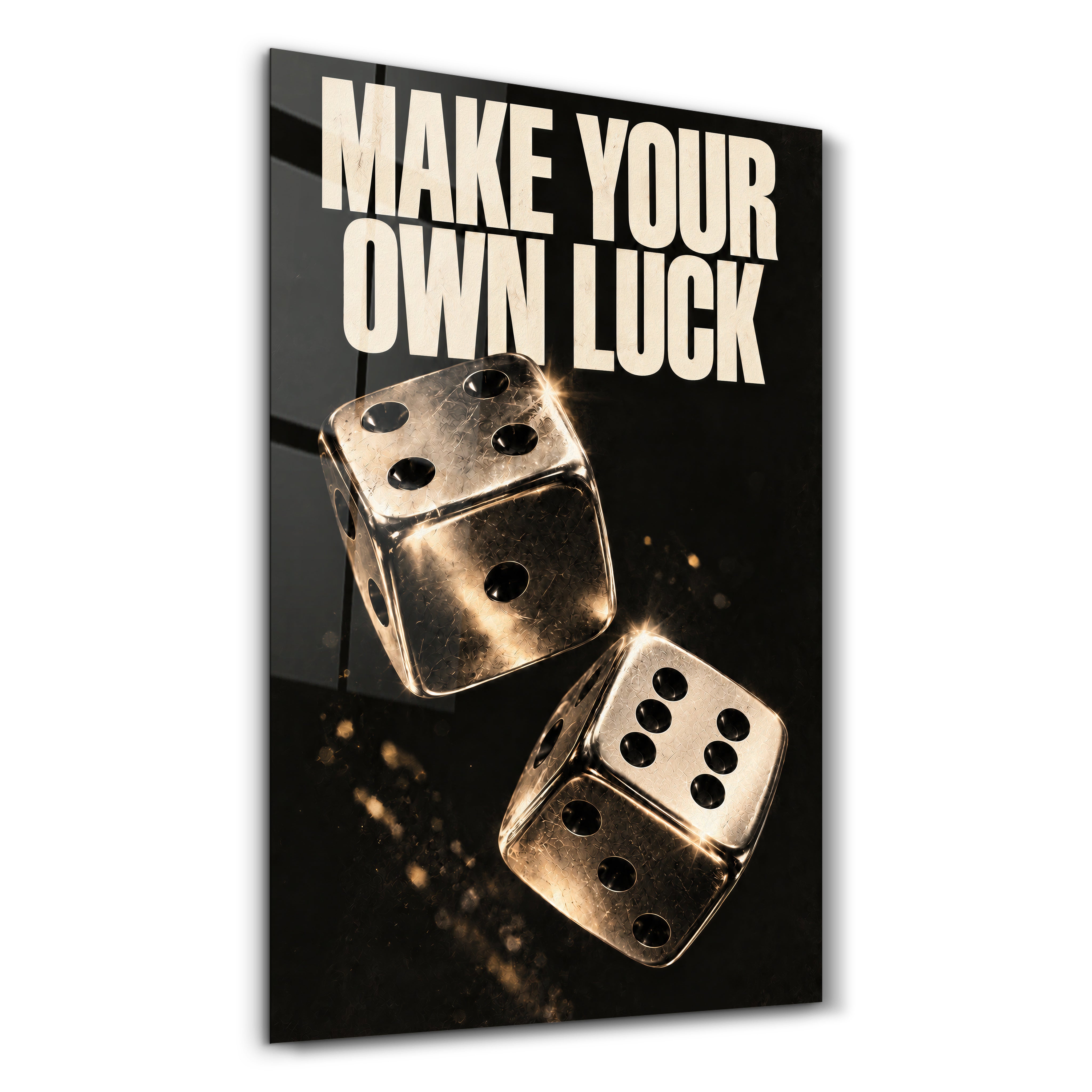 Artdesigna “Make Your Own Luck” glass wall art with bold typographic design on a clear glass panel