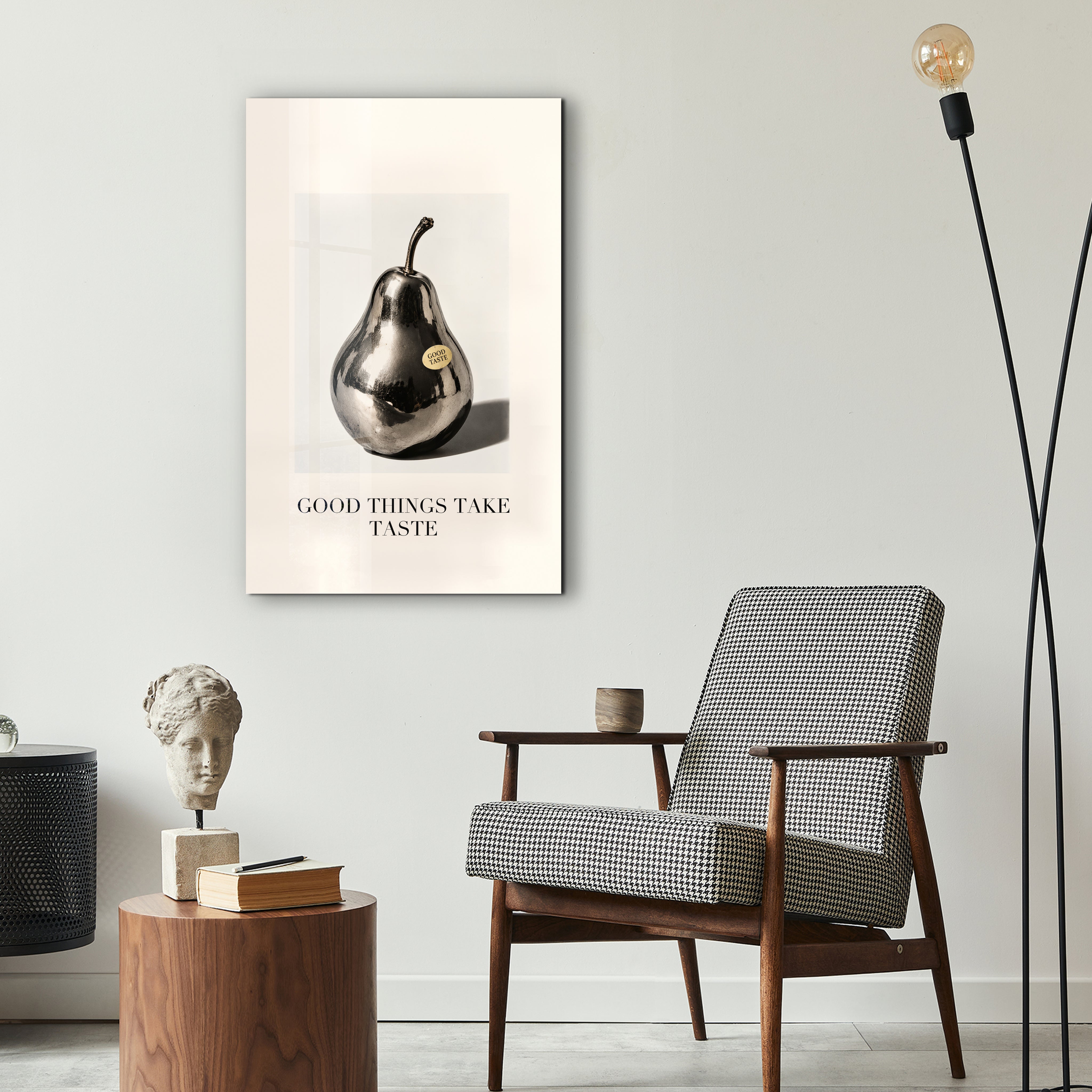 Good Things Take Taste glass wall art by Artdesigna displayed in a stylish interior setting
