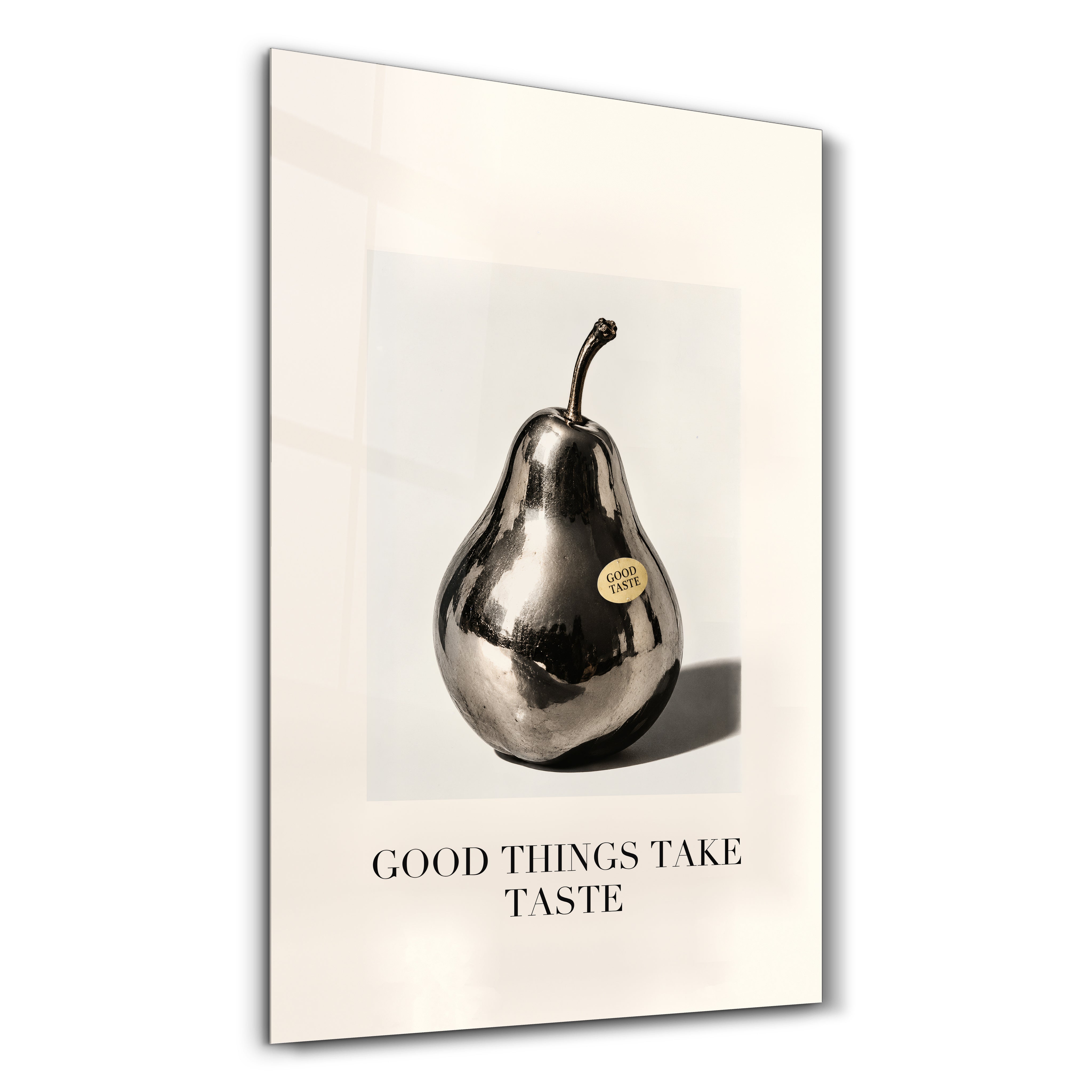 Artdesigna Good Things Take Taste glass wall art with typographic design on a clear glass panel