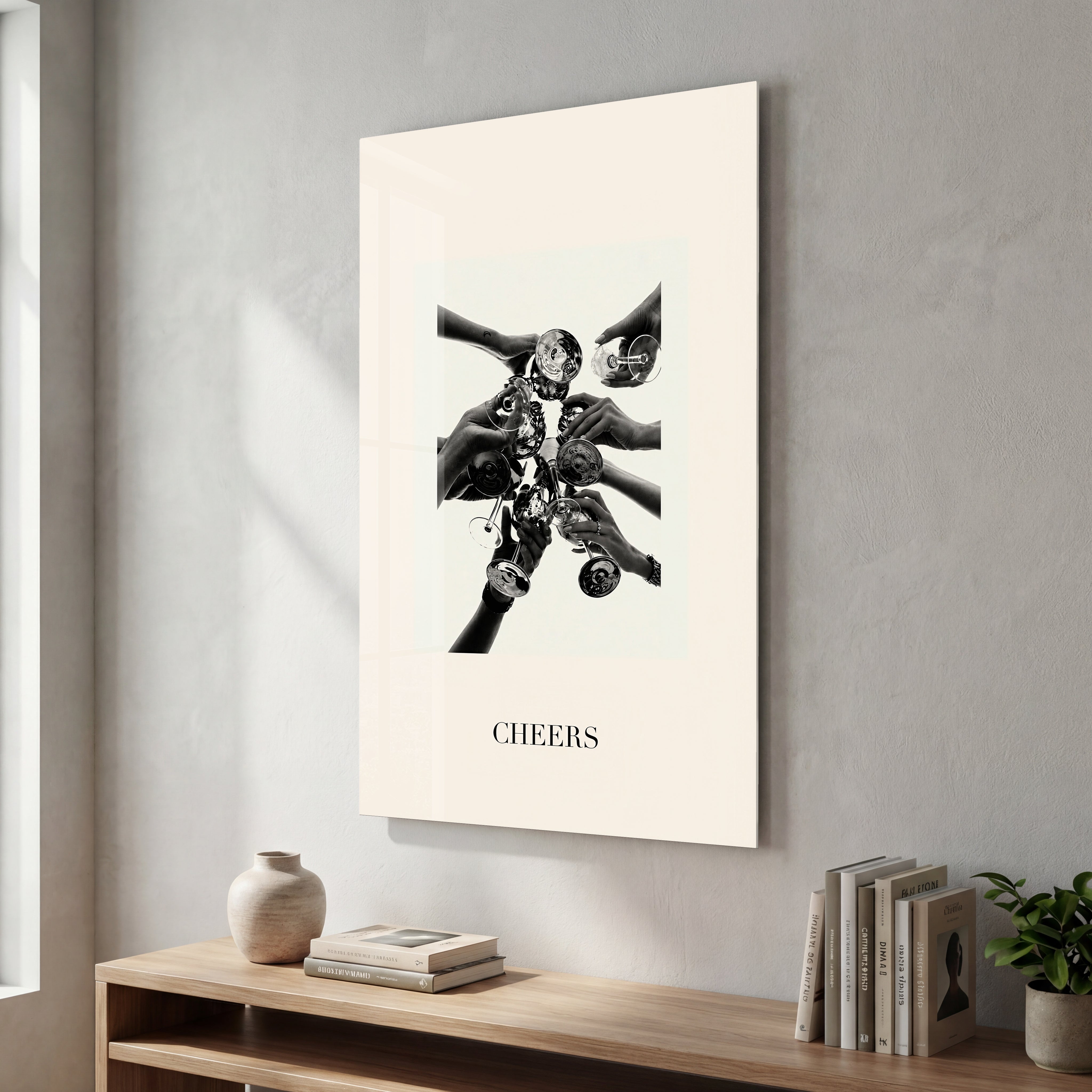 Artdesigna Cheers Champagne Toast glass wall art with champagne glasses and celebratory lettering