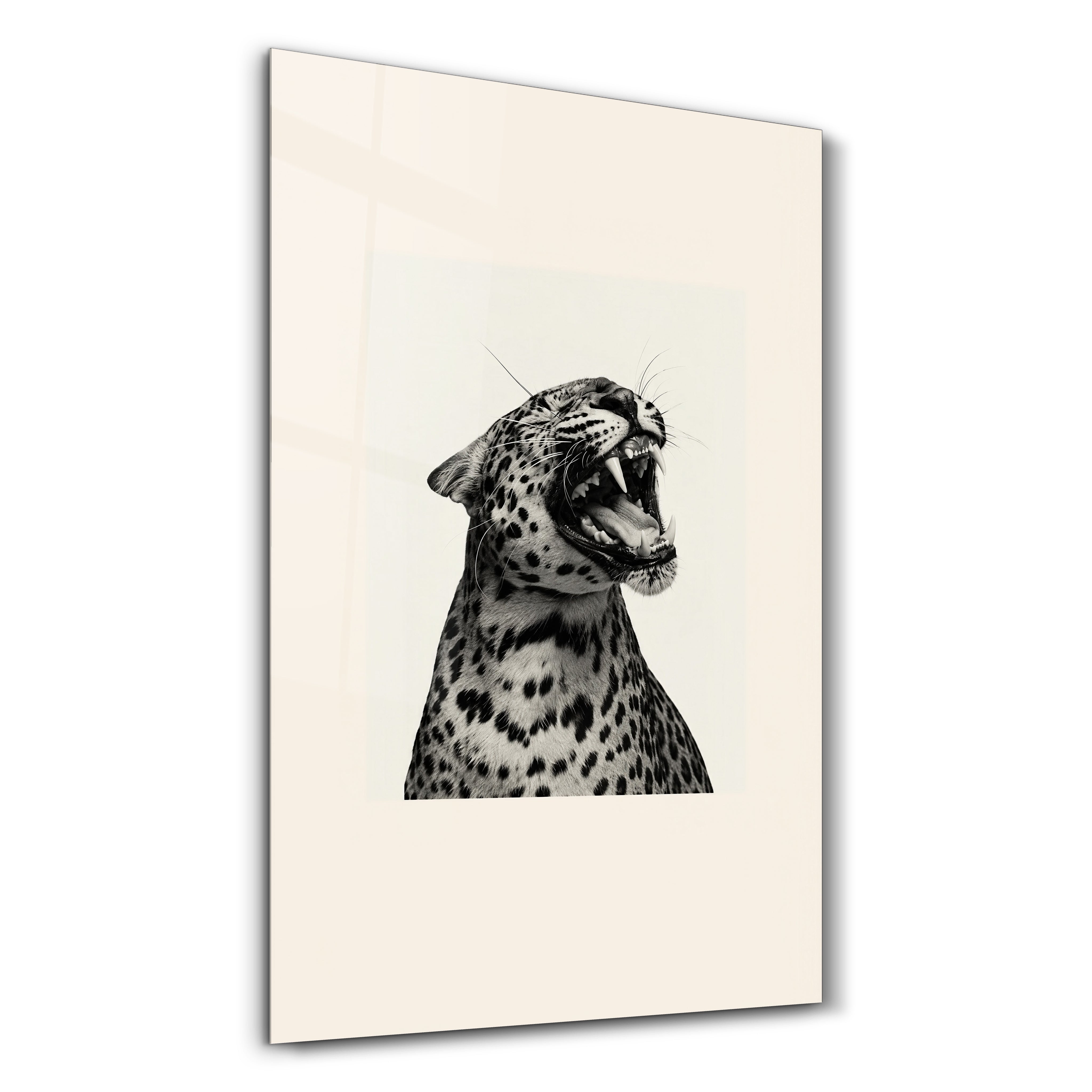 Artdesigna Leopard Roar glass wall art featuring a striking leopard portrait on a clear glass panel