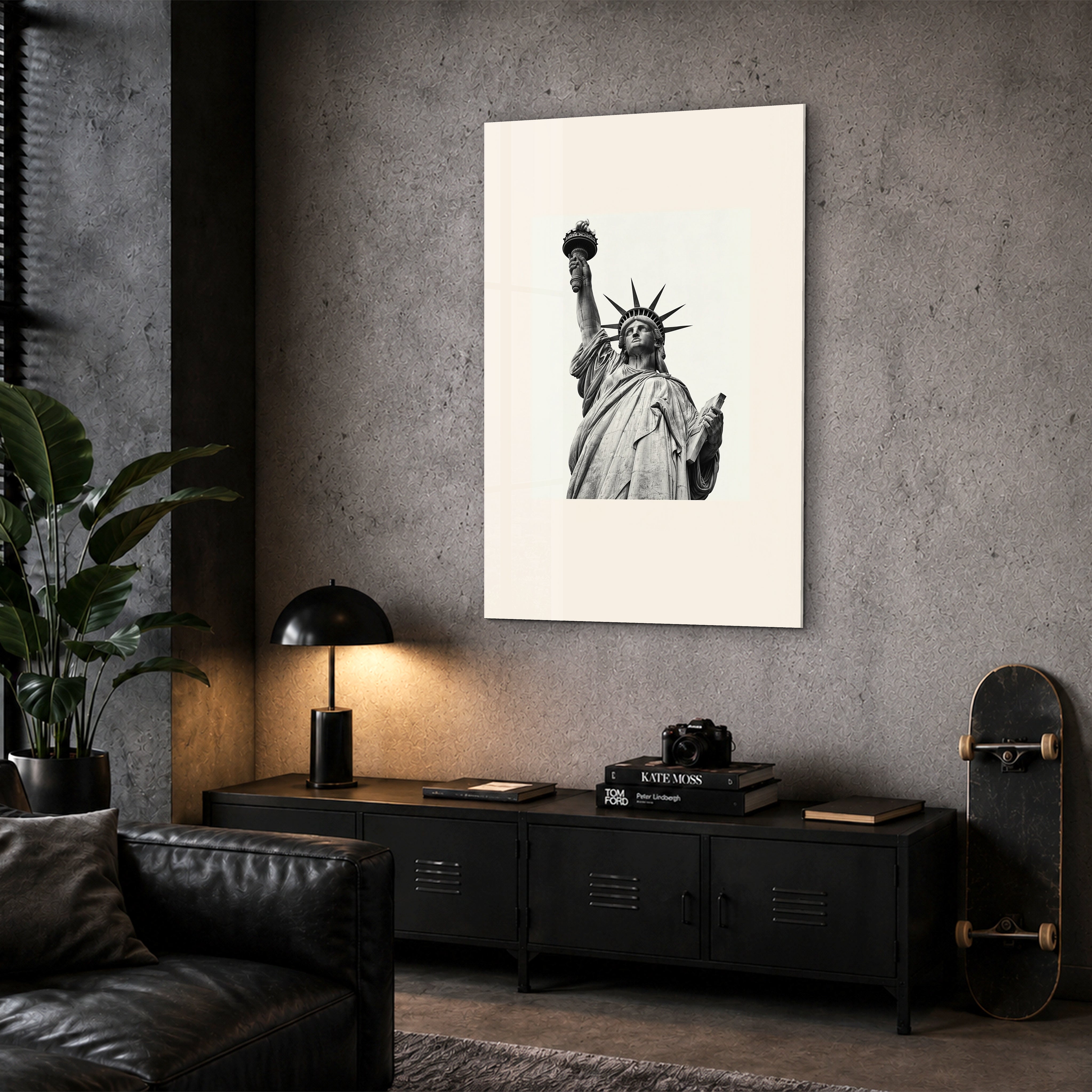 Lady Liberty glass wall art by Artdesigna, corner view