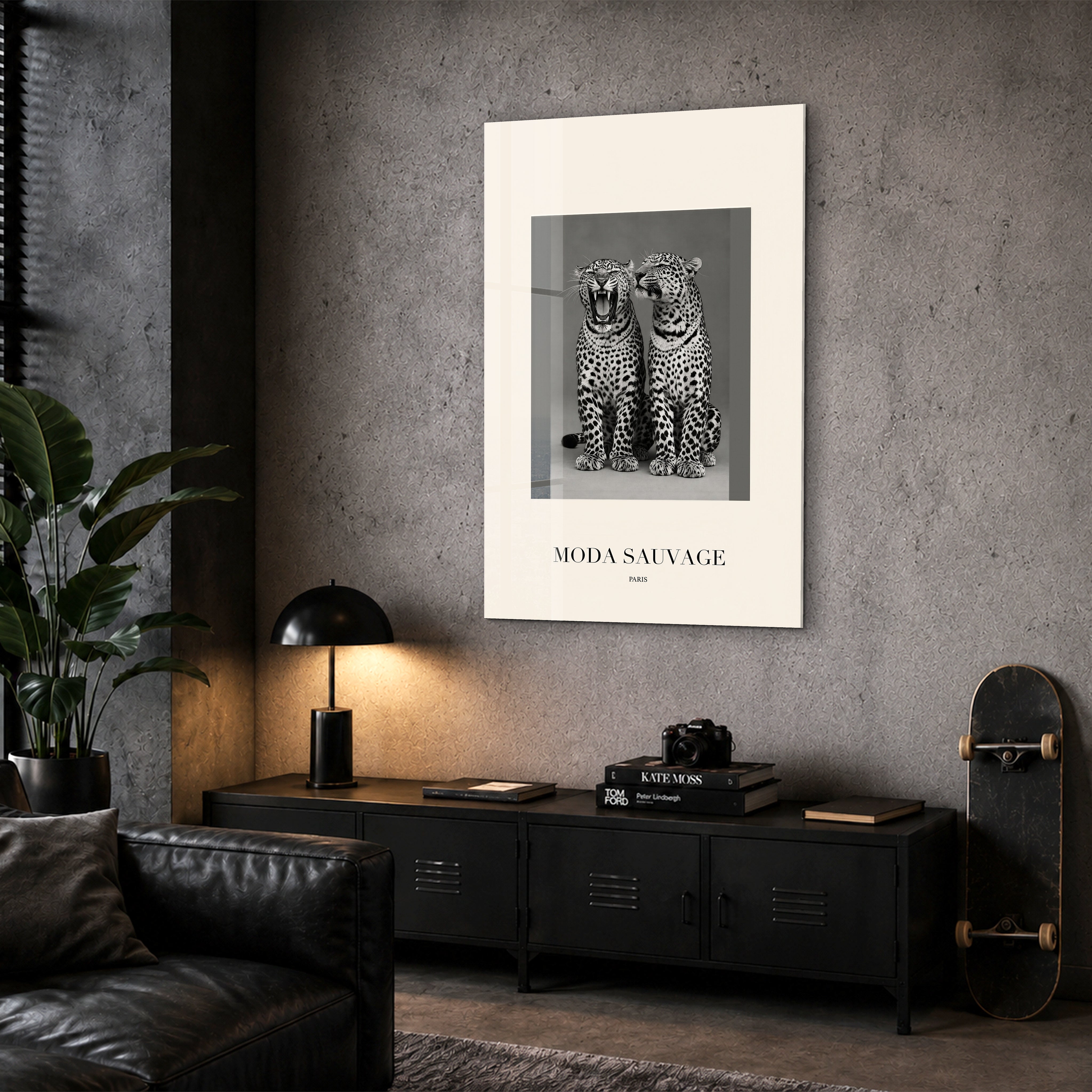 Artdesigna Moda Sauvage glass wall art displayed in a corner setting