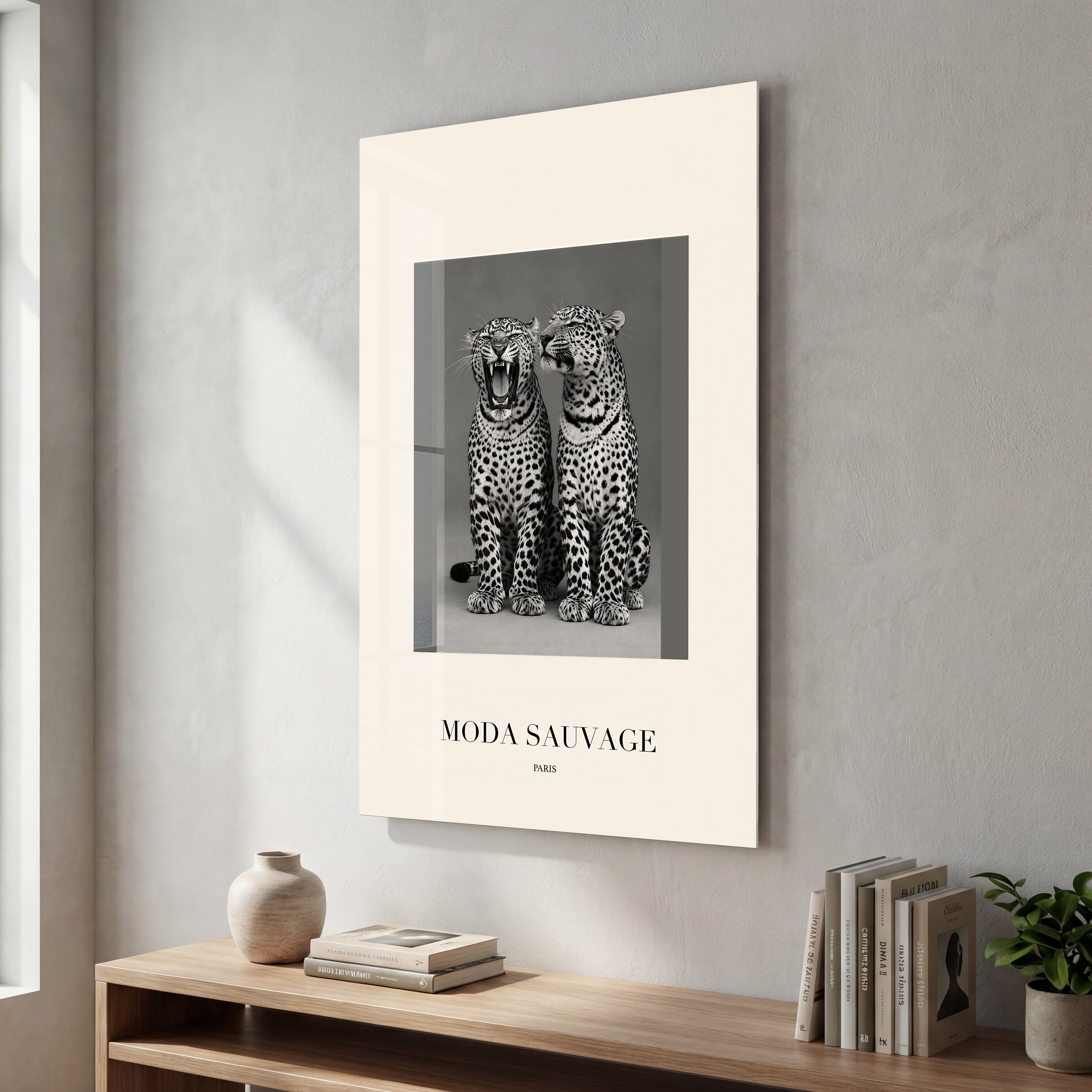 Artdesigna Moda Sauvage glass wall art with vibrant abstract artwork displayed on a clear glass panel