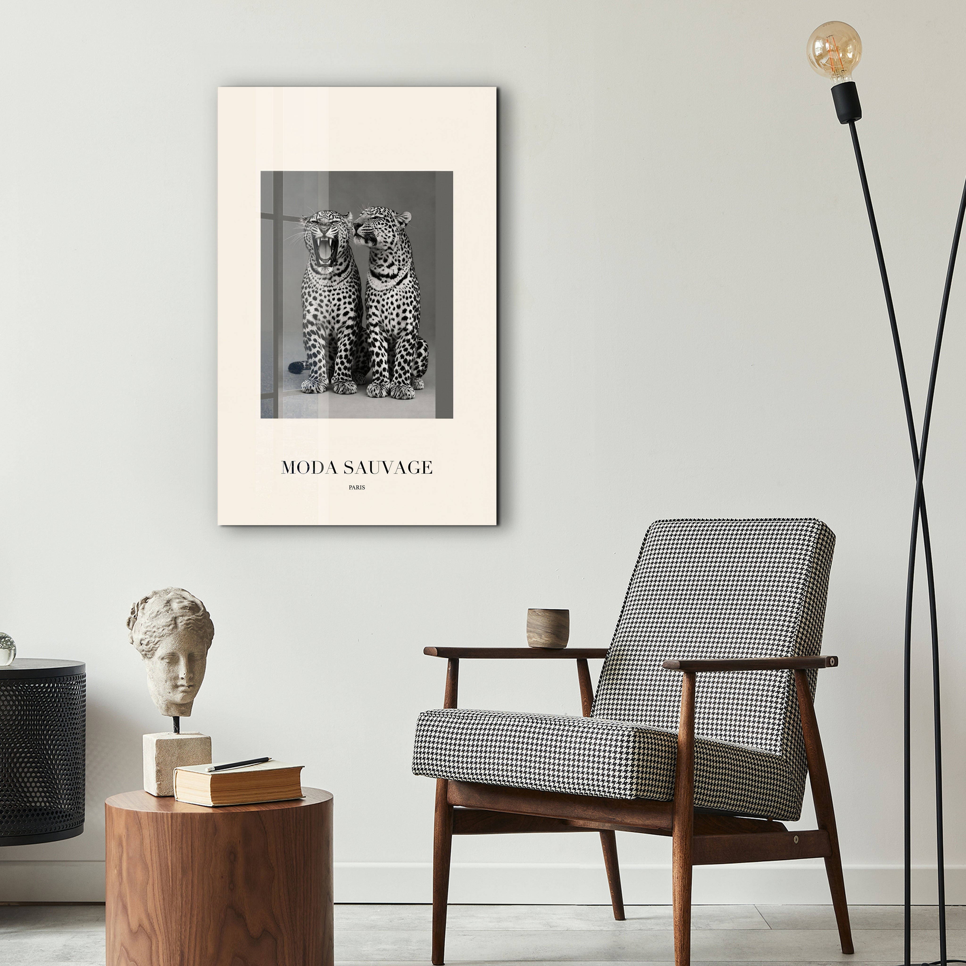 Moda Sauvage Artdesigna glass wall art displayed in a stylish interior setting