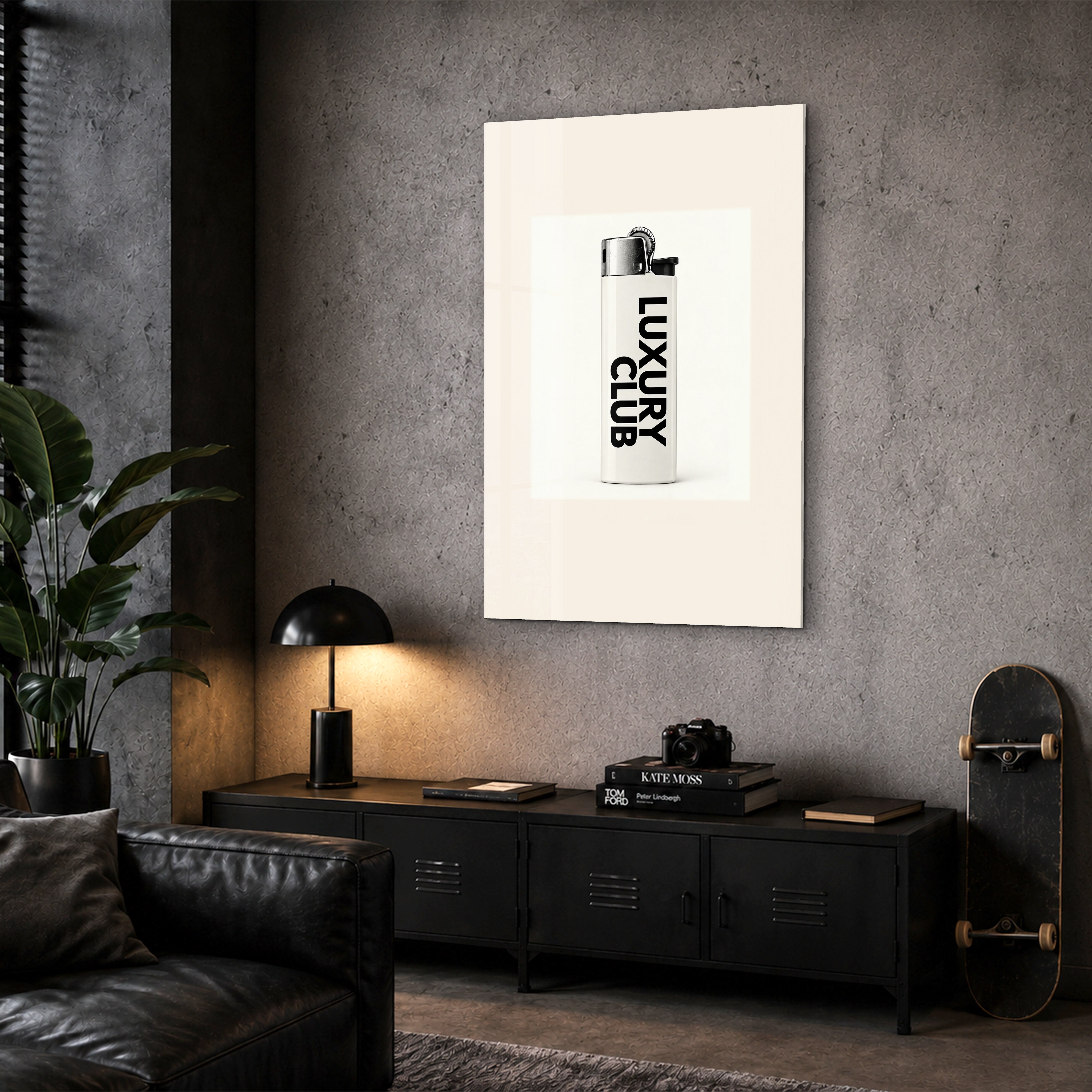 Luxury Club lighter glass wall art by Artdesigna, corner view with detailed lighter design