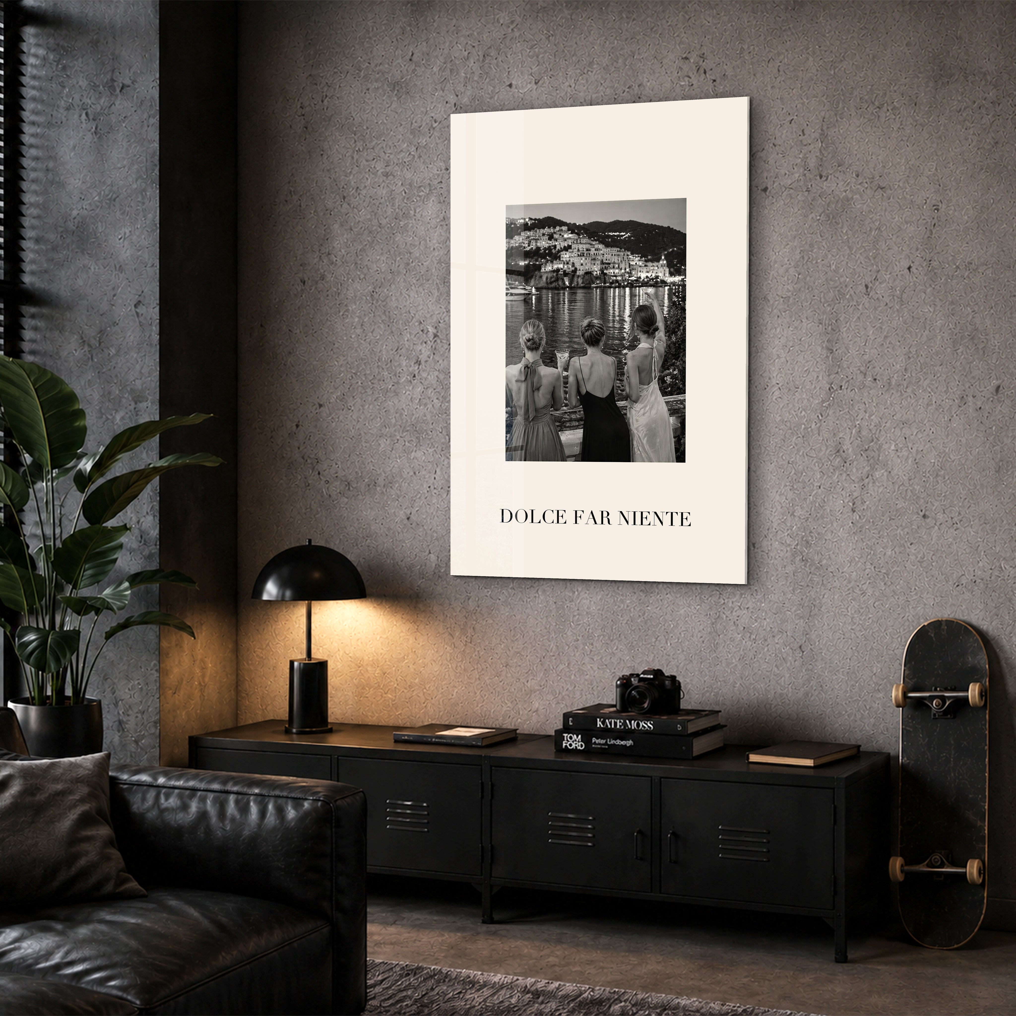 Dolce Far Niente glass wall art by Artdesigna displayed in a corner interior setting
