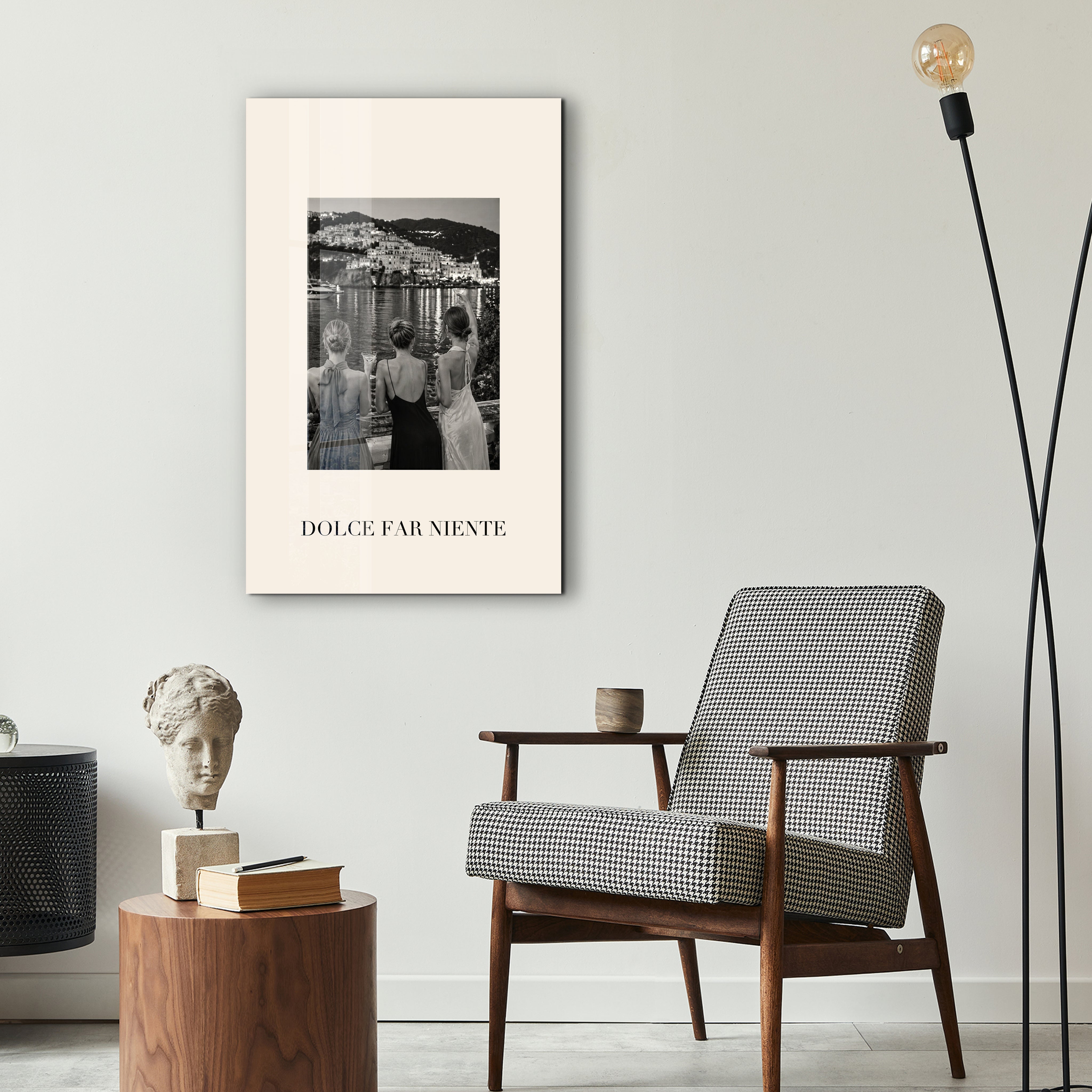 Dolce Far Niente glass wall art by Artdesigna displayed in a stylish interior setting