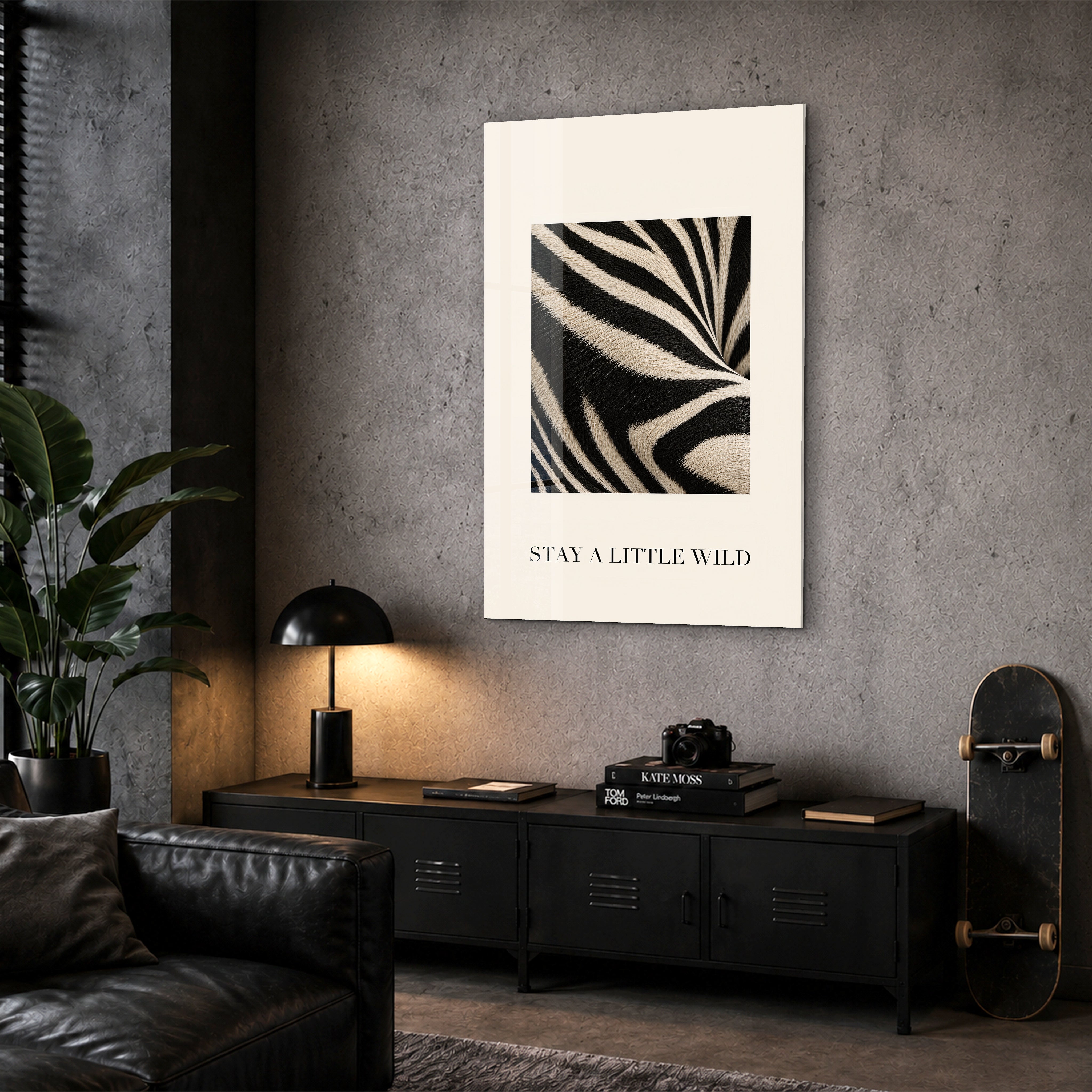 Artdesigna Stay a Little Wild glass wall art displayed in a corner setting