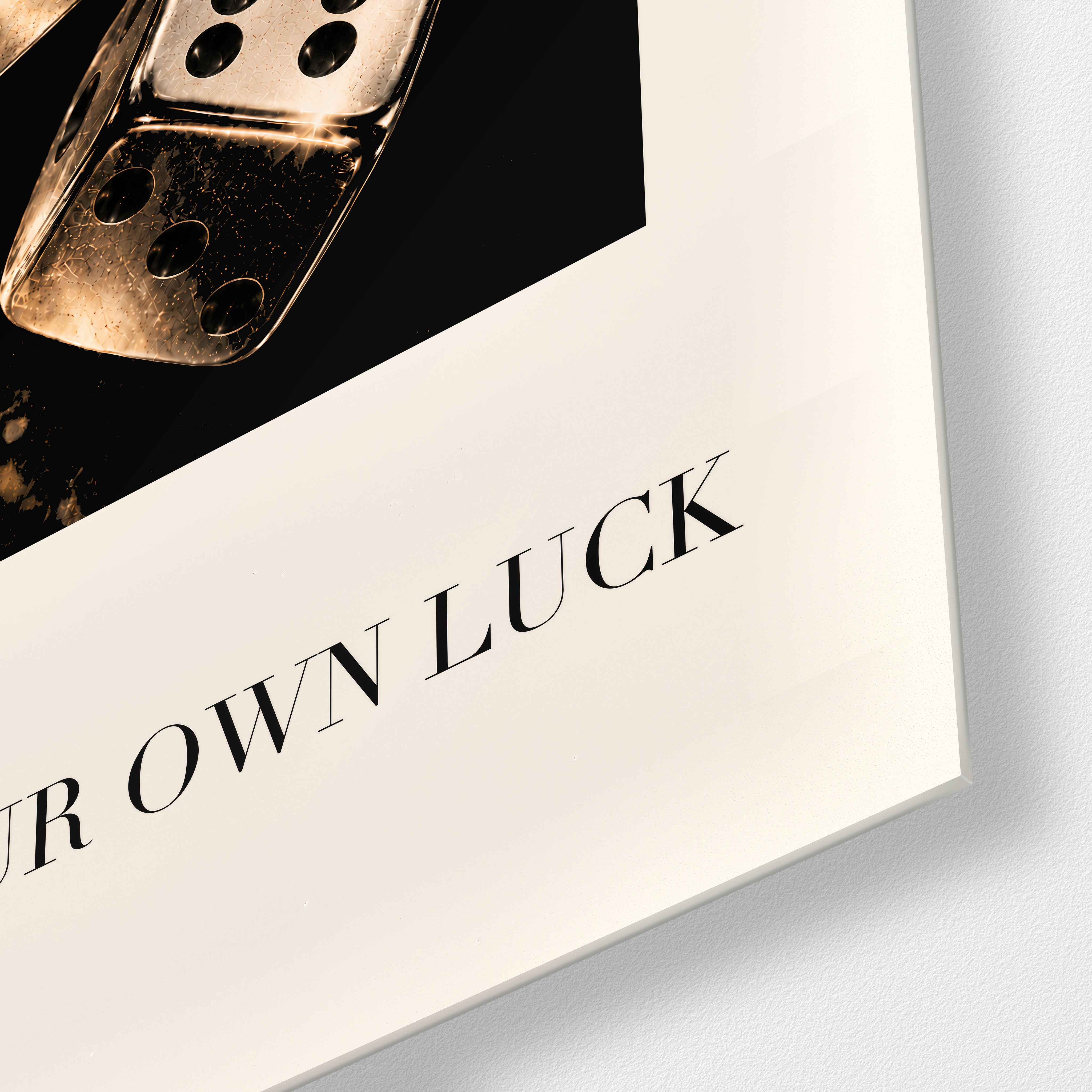 Make Your Own Luck Golden Dice glass wall art by Artdesigna close-up