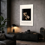 Make Your Own Luck golden dice glass wall art by Artdesigna in a corner view