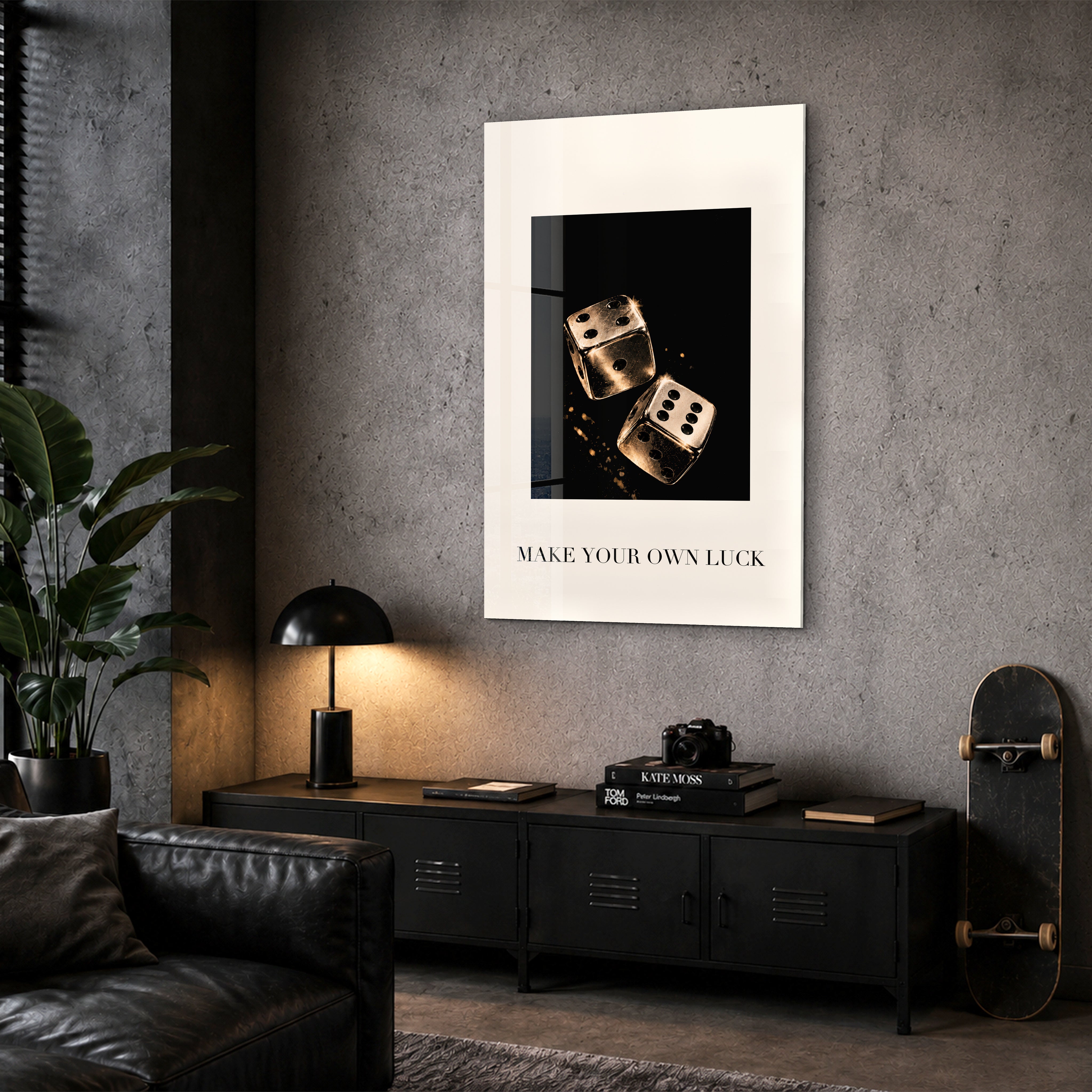 Make Your Own Luck golden dice glass wall art by Artdesigna in a corner view