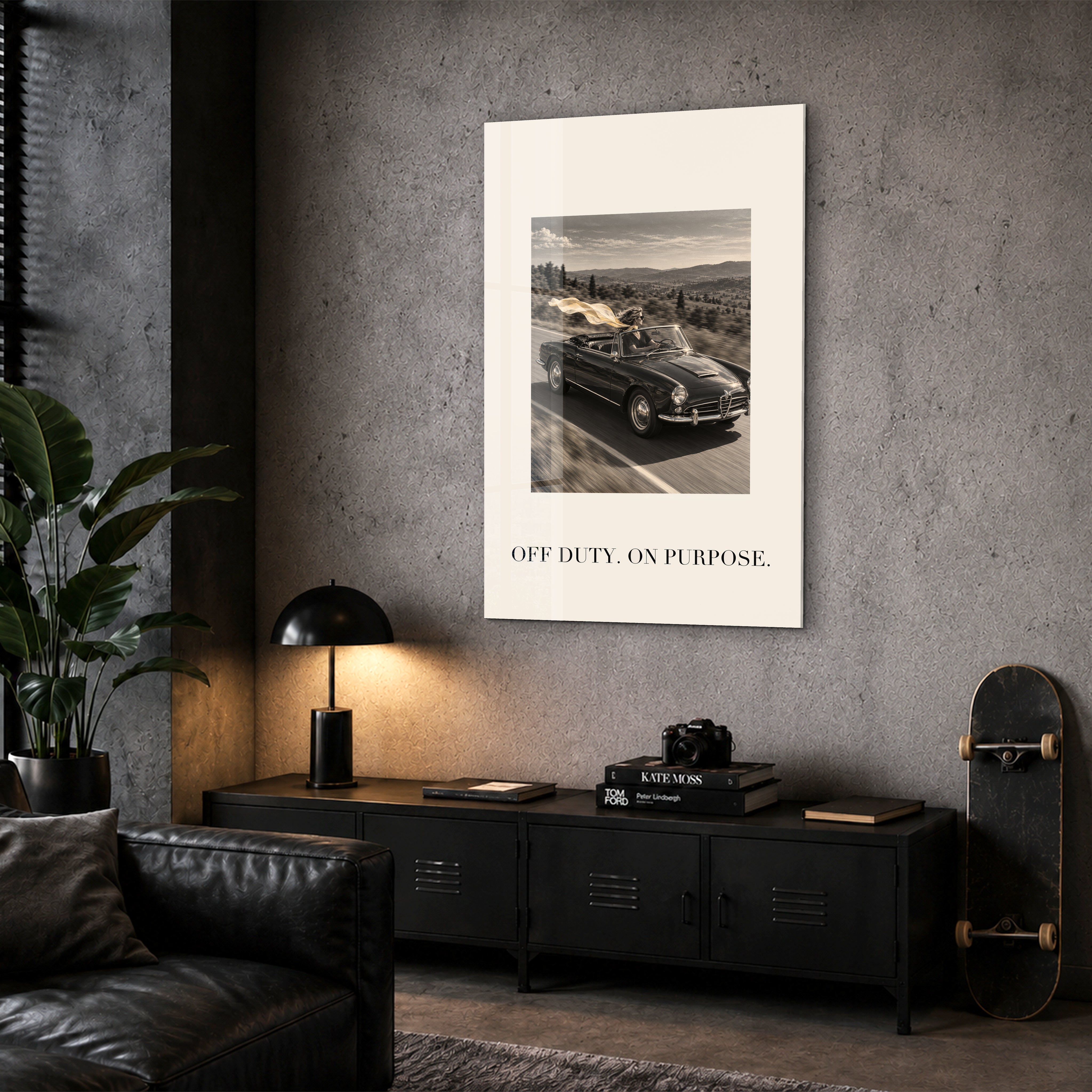 Artdesigna Off Duty, On Purpose glass wall art displayed in a corner setting