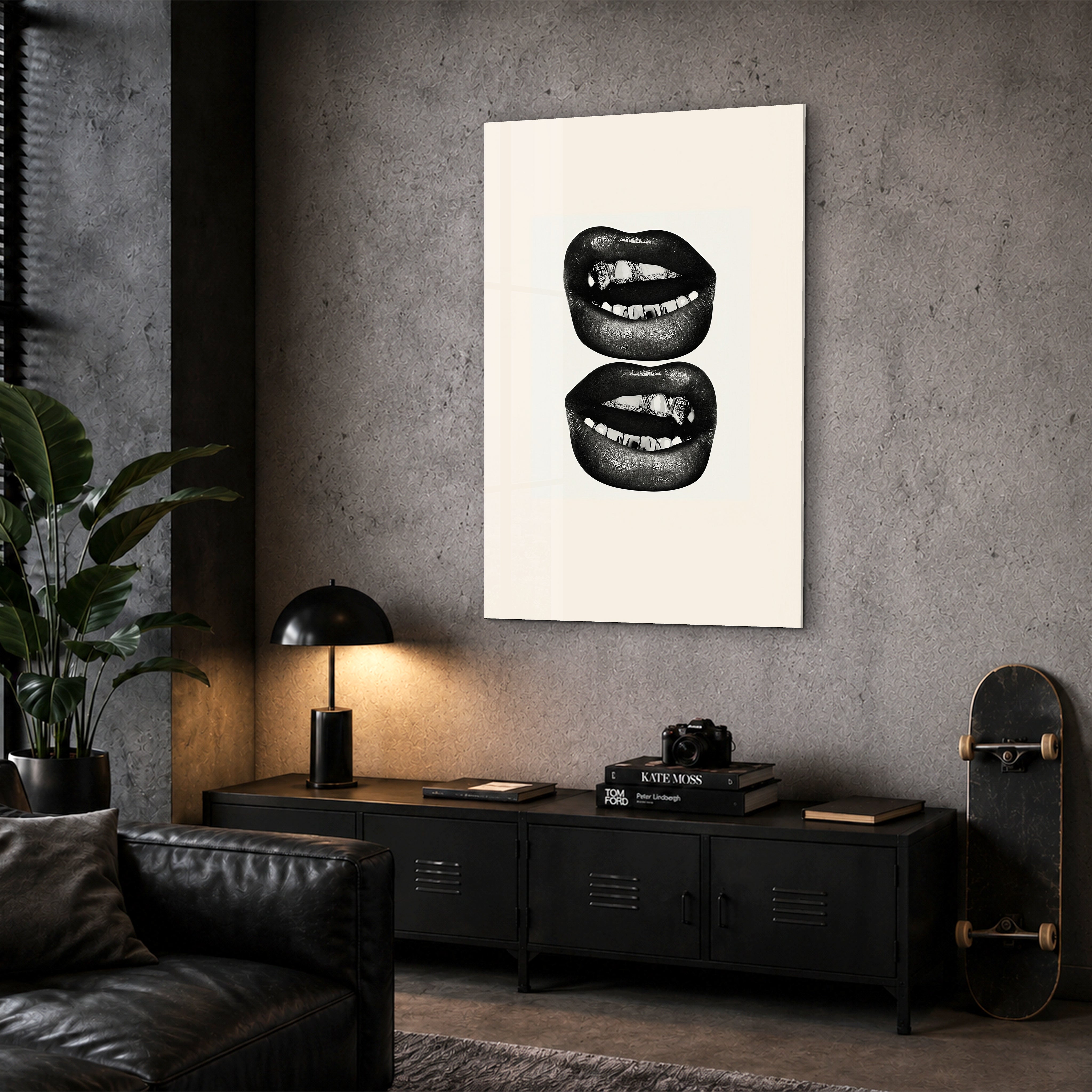 Golden Grin glass wall art by Artdesigna displayed in a corner interior setup