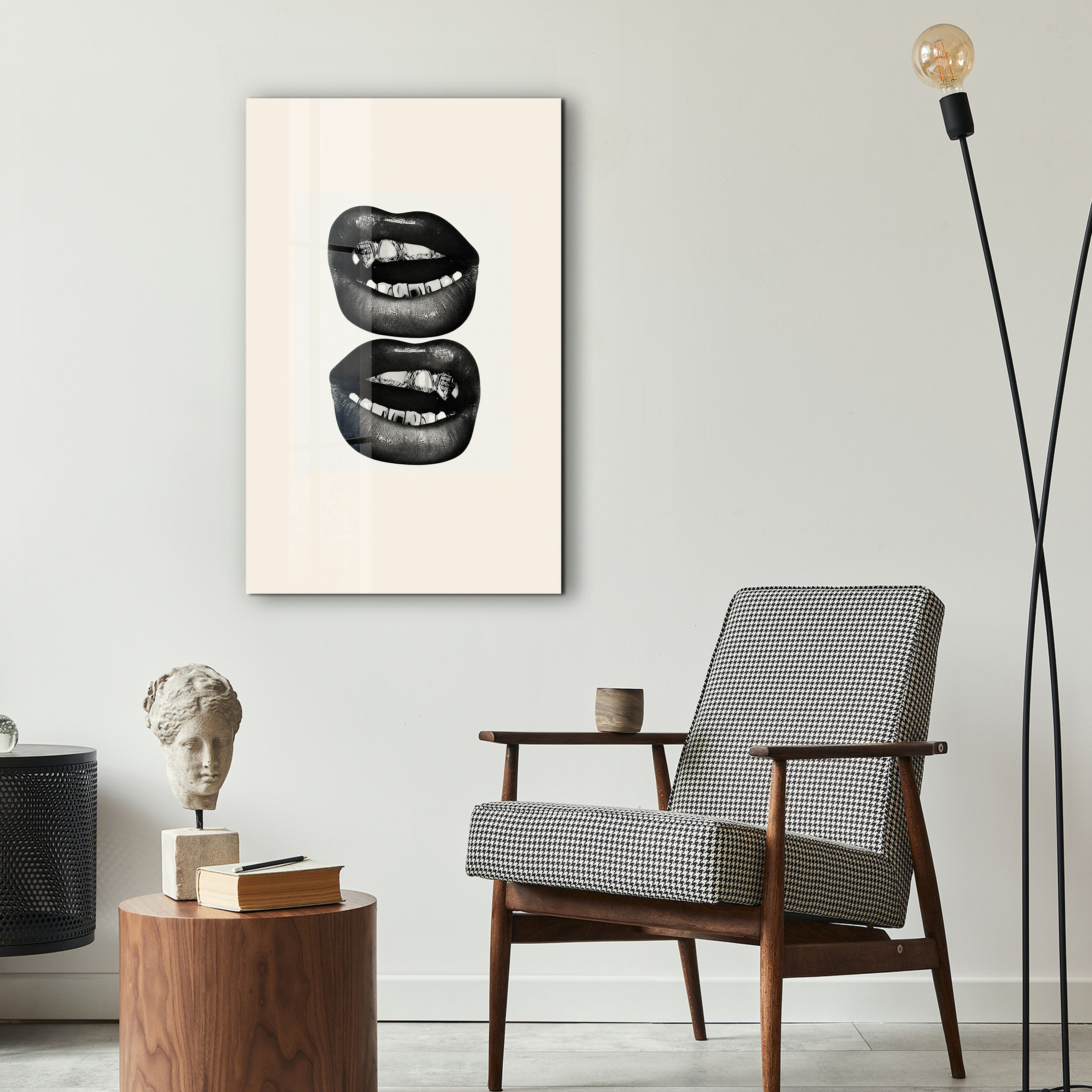 Golden Grin glass wall art by Artdesigna displayed as contemporary wall decor