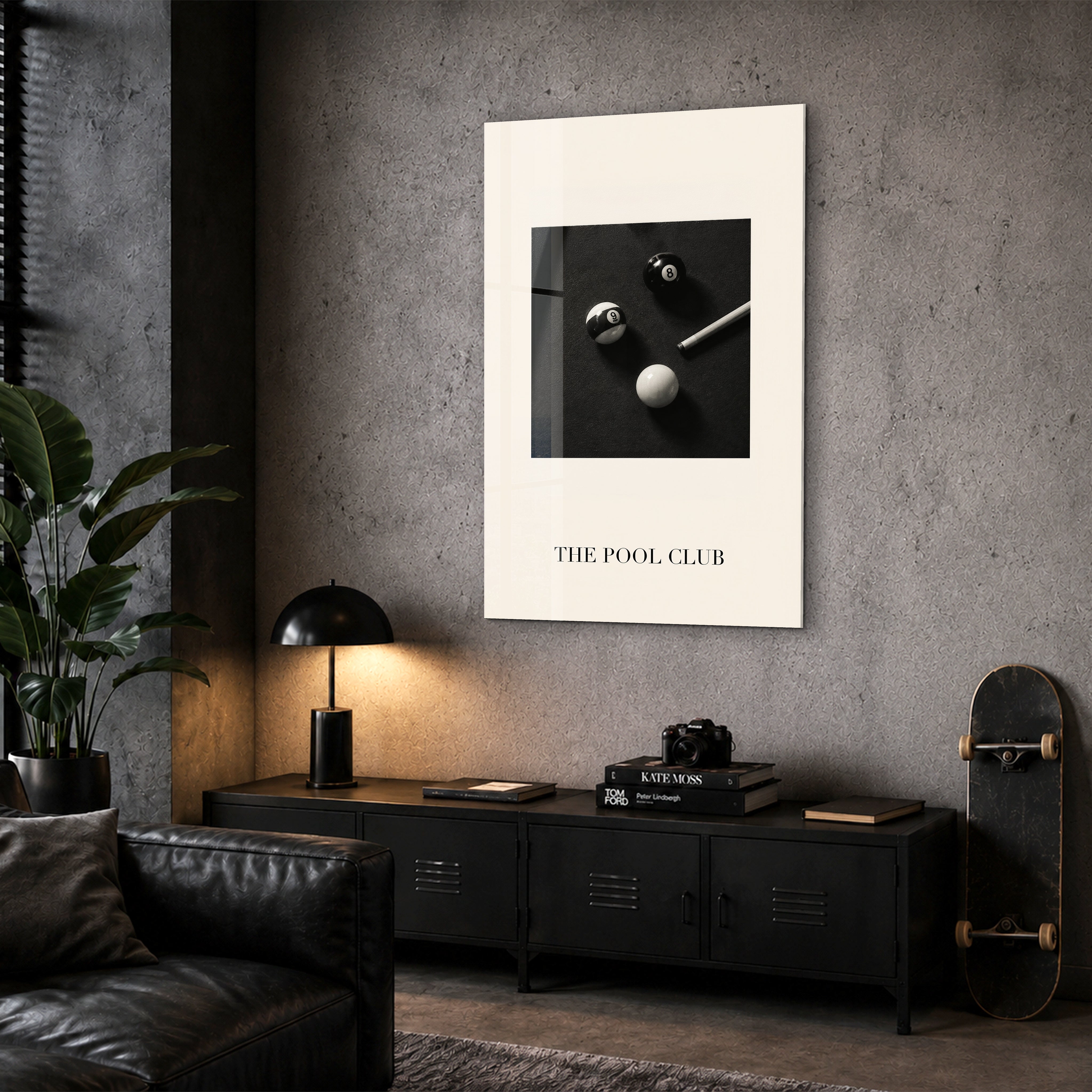 Artdesigna The Pool Club glass wall art displayed in a corner setting