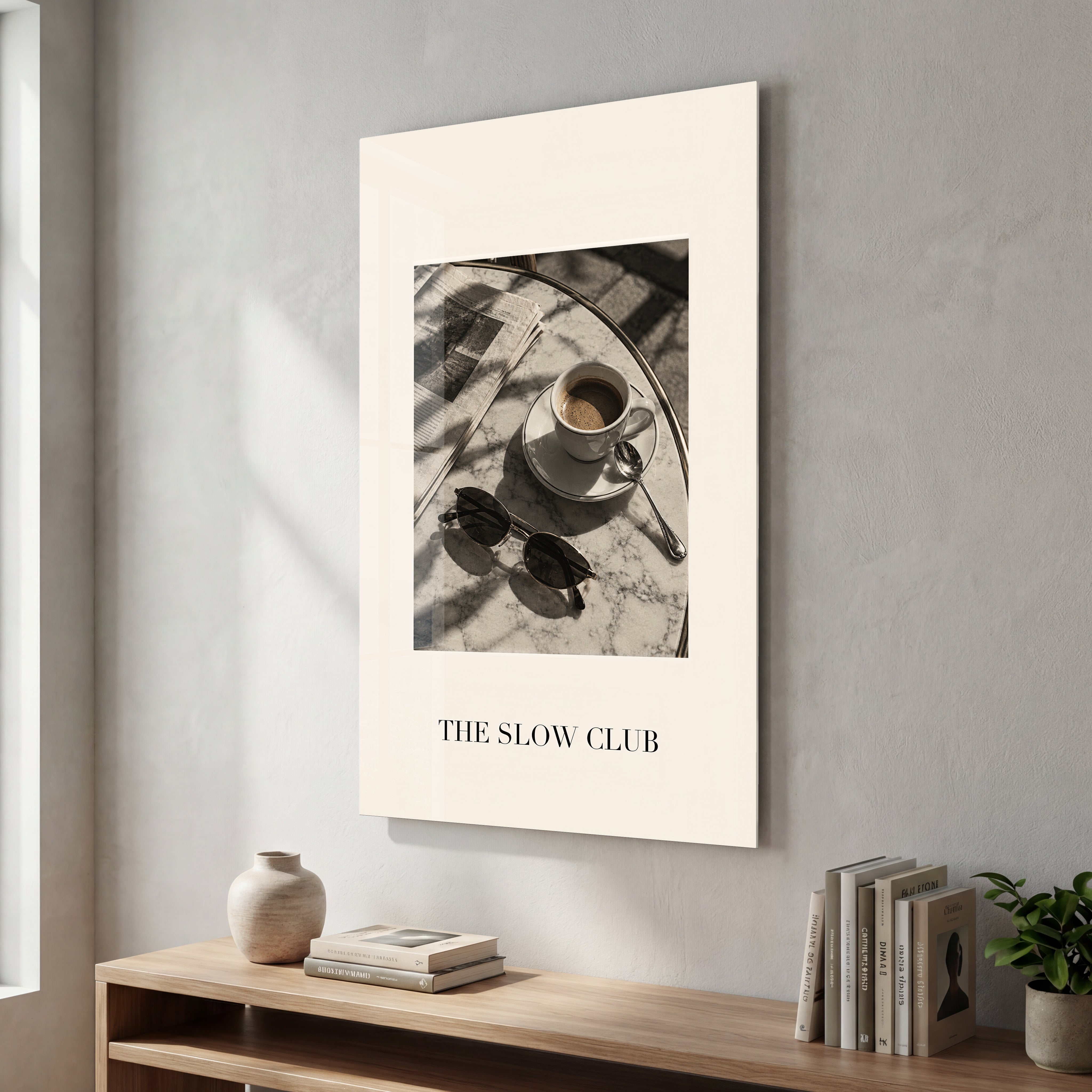 Artdesigna The Slow Club glass wall art with a minimalist printed design on a clear glass panel