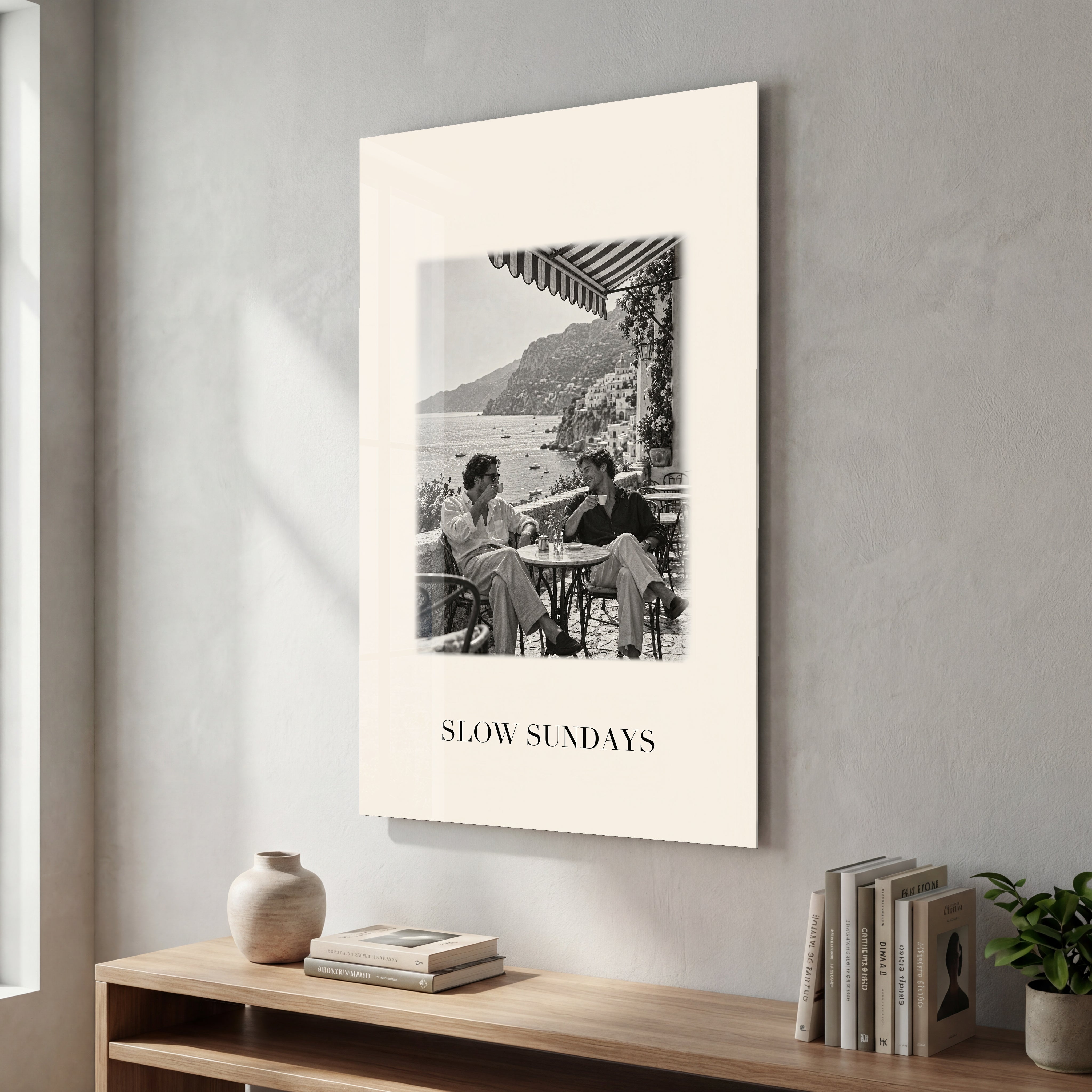 Slow Sundays Artdesigna glass wall art with a serene minimalist design, front view