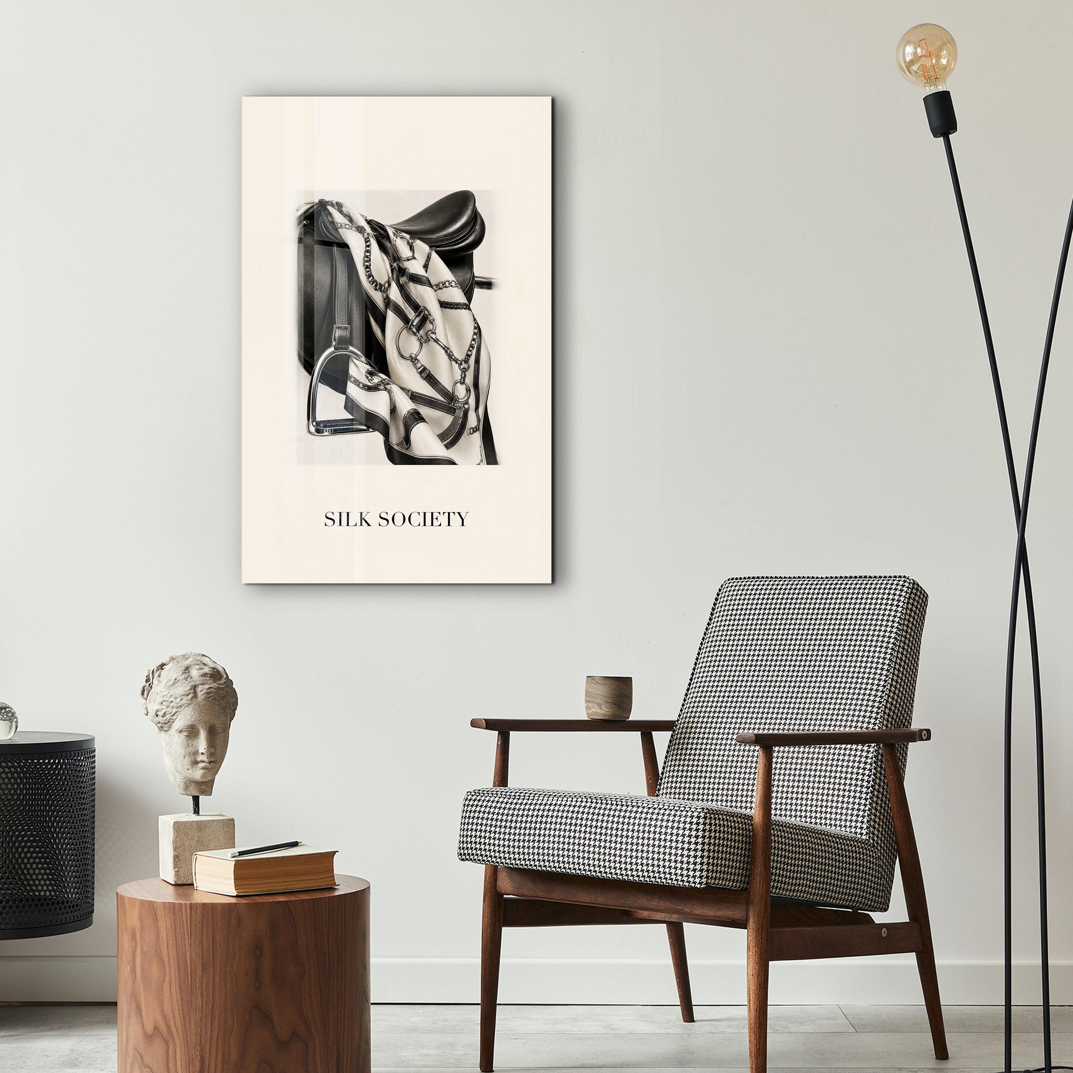 Artdesigna Silk Society glass wall art displayed in a modern interior alcove