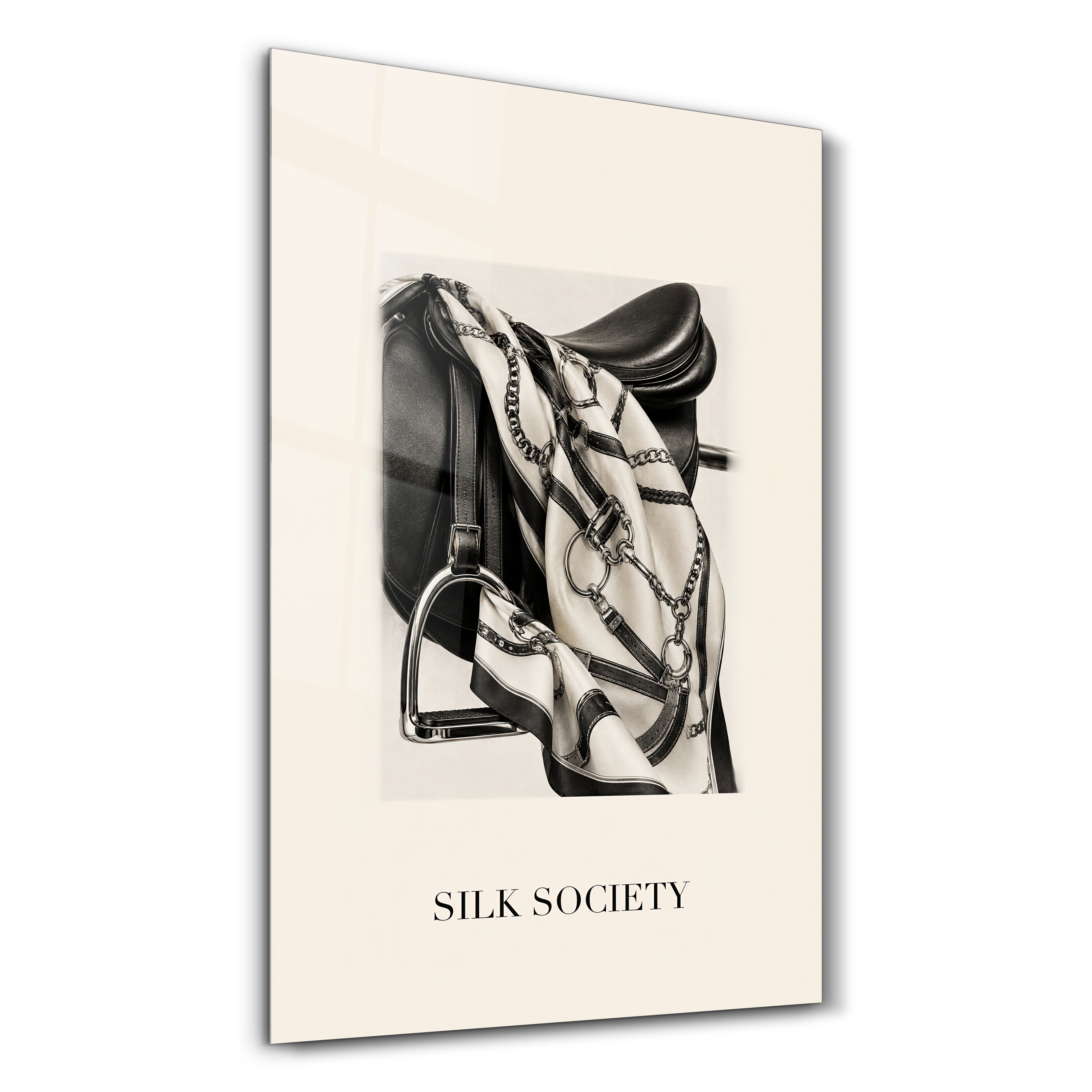 Artdesigna Silk Society glass wall art with elegant silk-inspired design in a studio setting