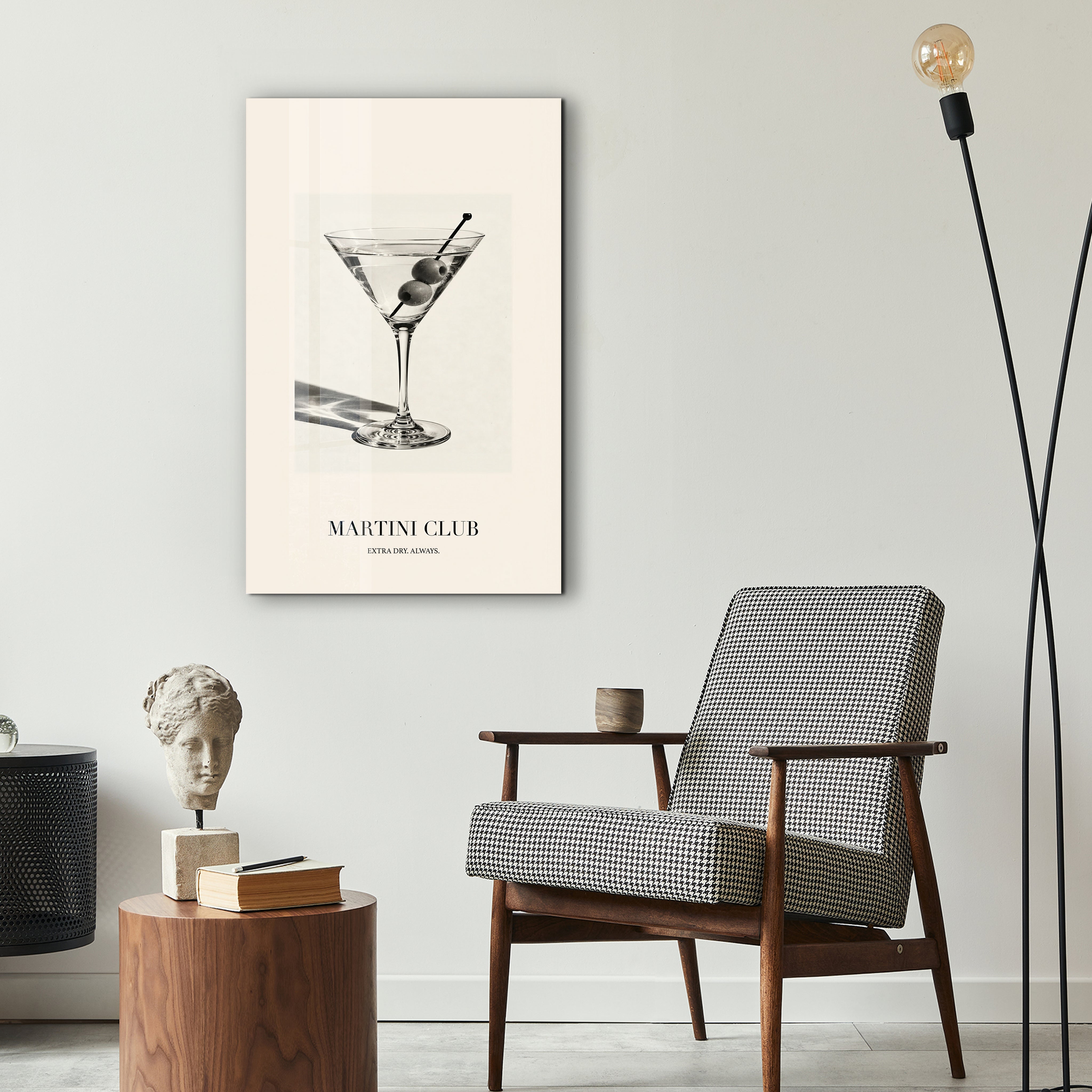 Artdesigna Martini Club glass wall art featuring a martini glass design in a stylish lifestyle setting