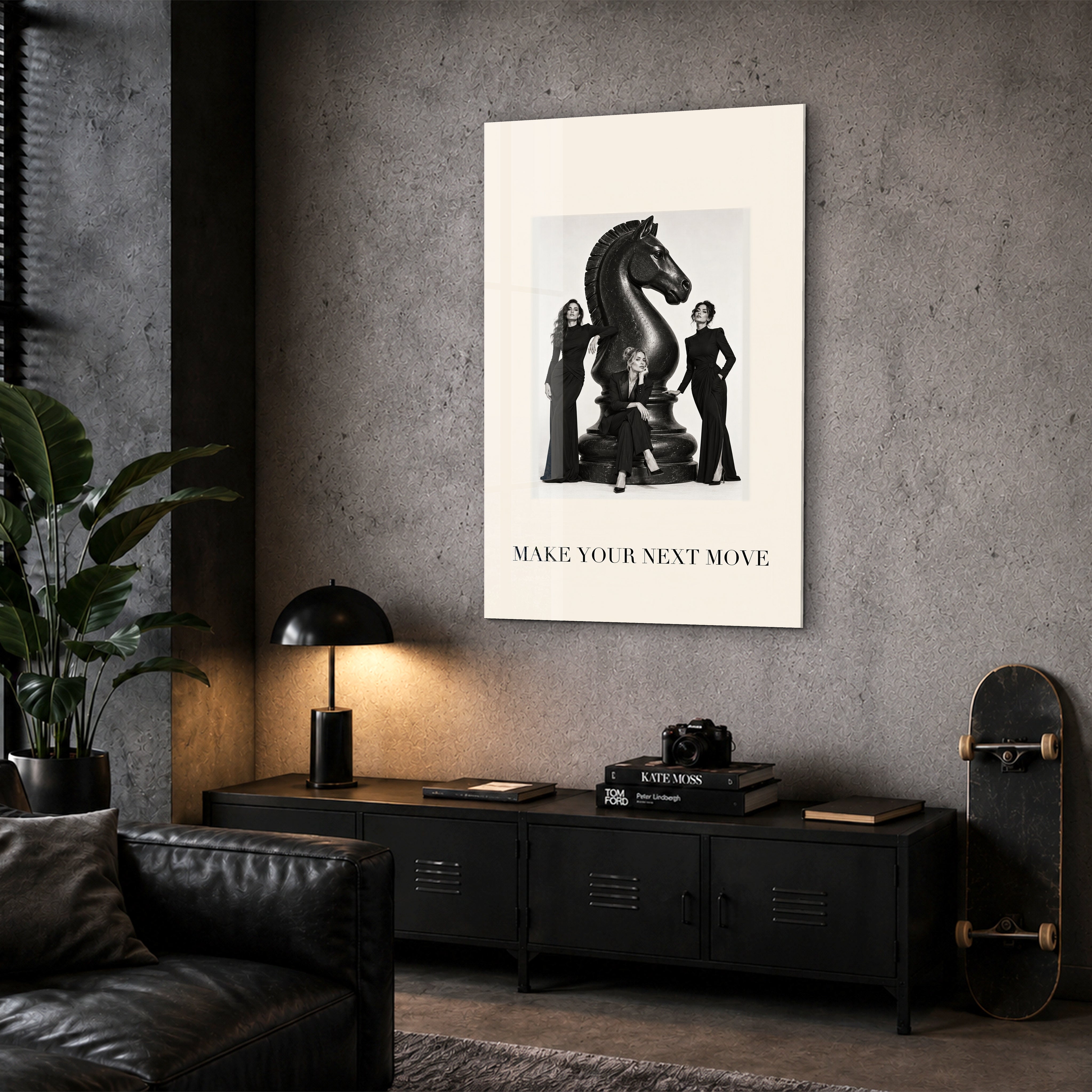 Make Your Next Move Artdesigna glass wall art displayed in a corner setting
