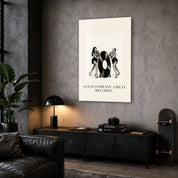 Good Company, Great Records glass wall art by Artdesigna in a corner setting