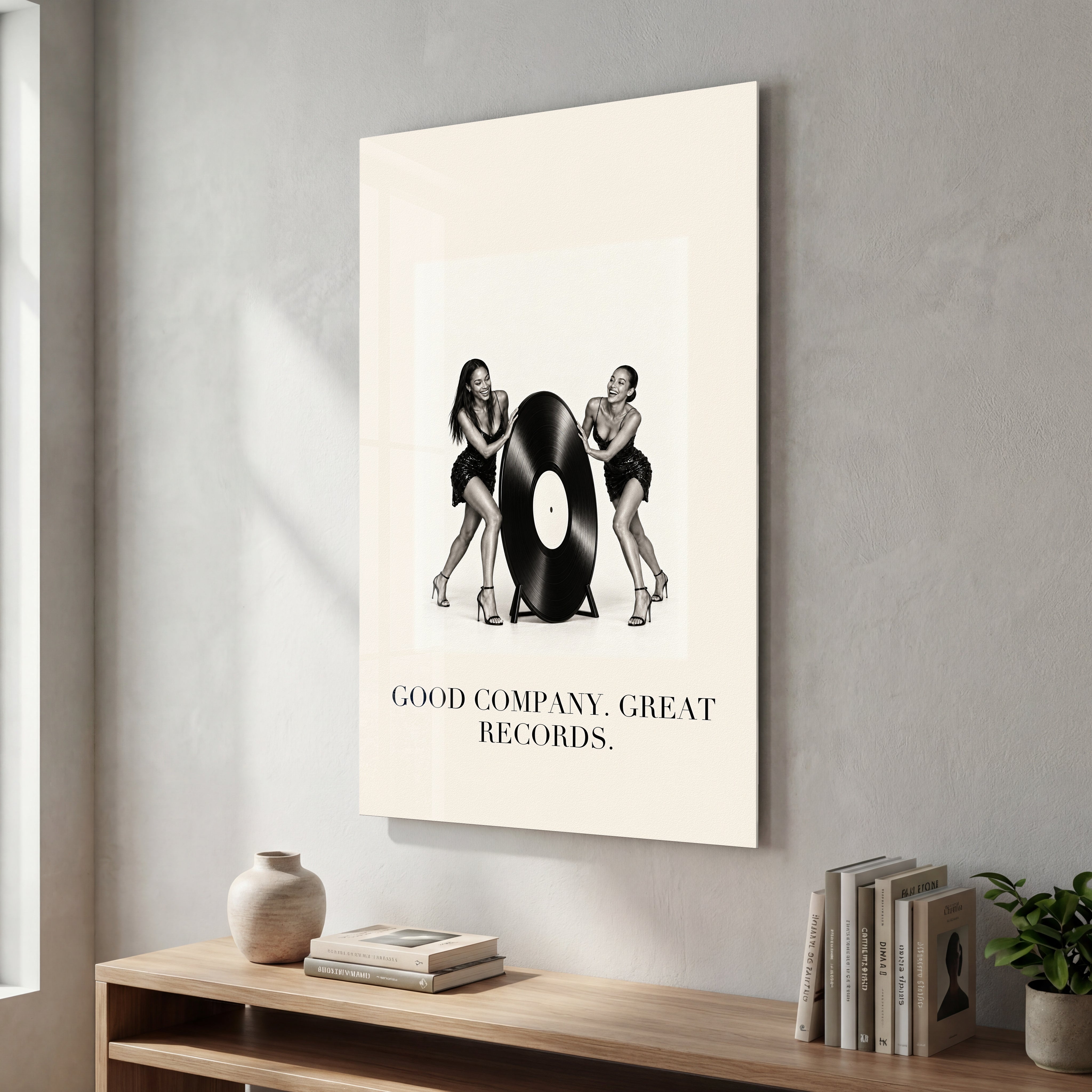 Good Company, Great Records glass wall art by Artdesigna, featuring bold typographic lettering on clear glass