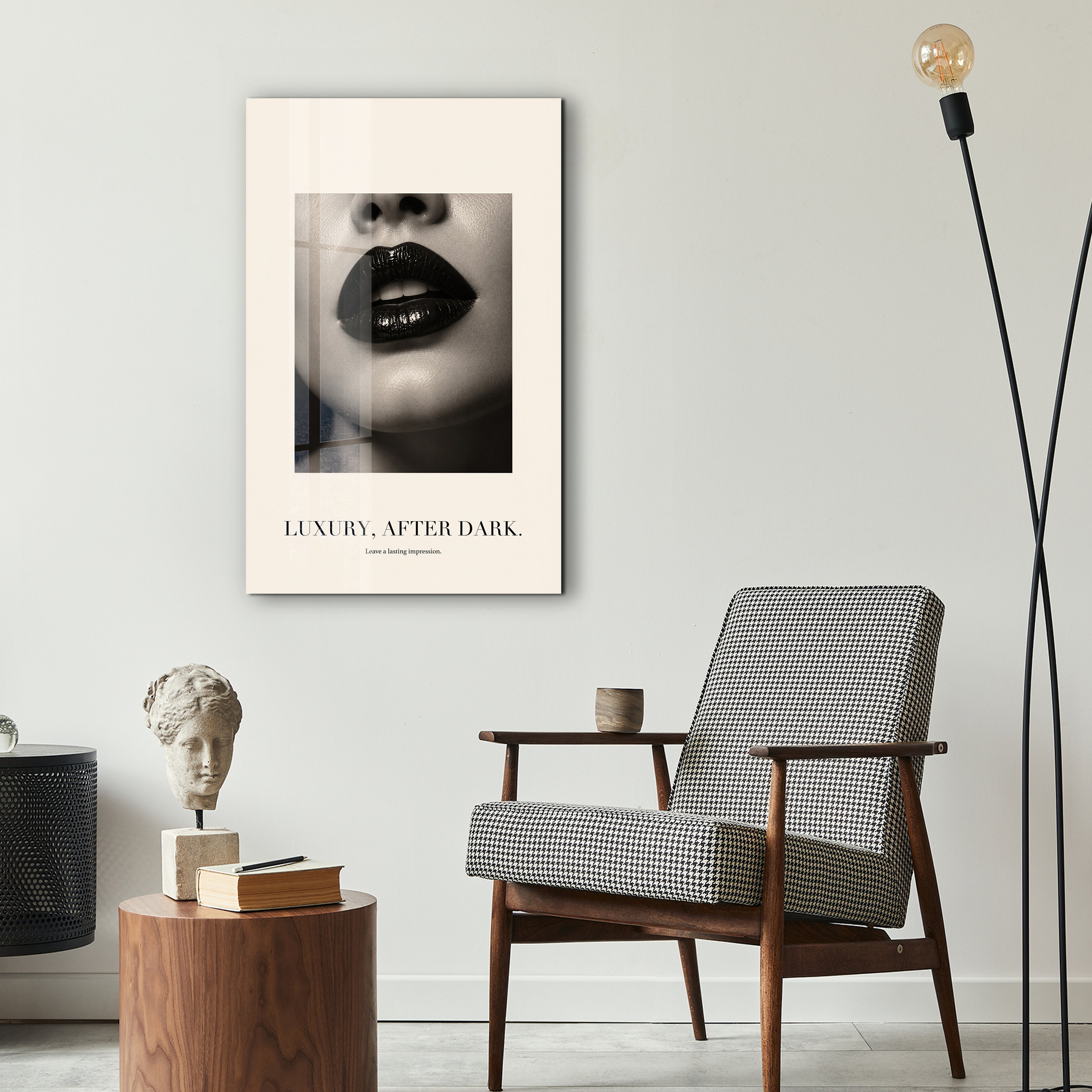 Luxury After Dark Artdesigna glass wall art displayed in a stylish interior
