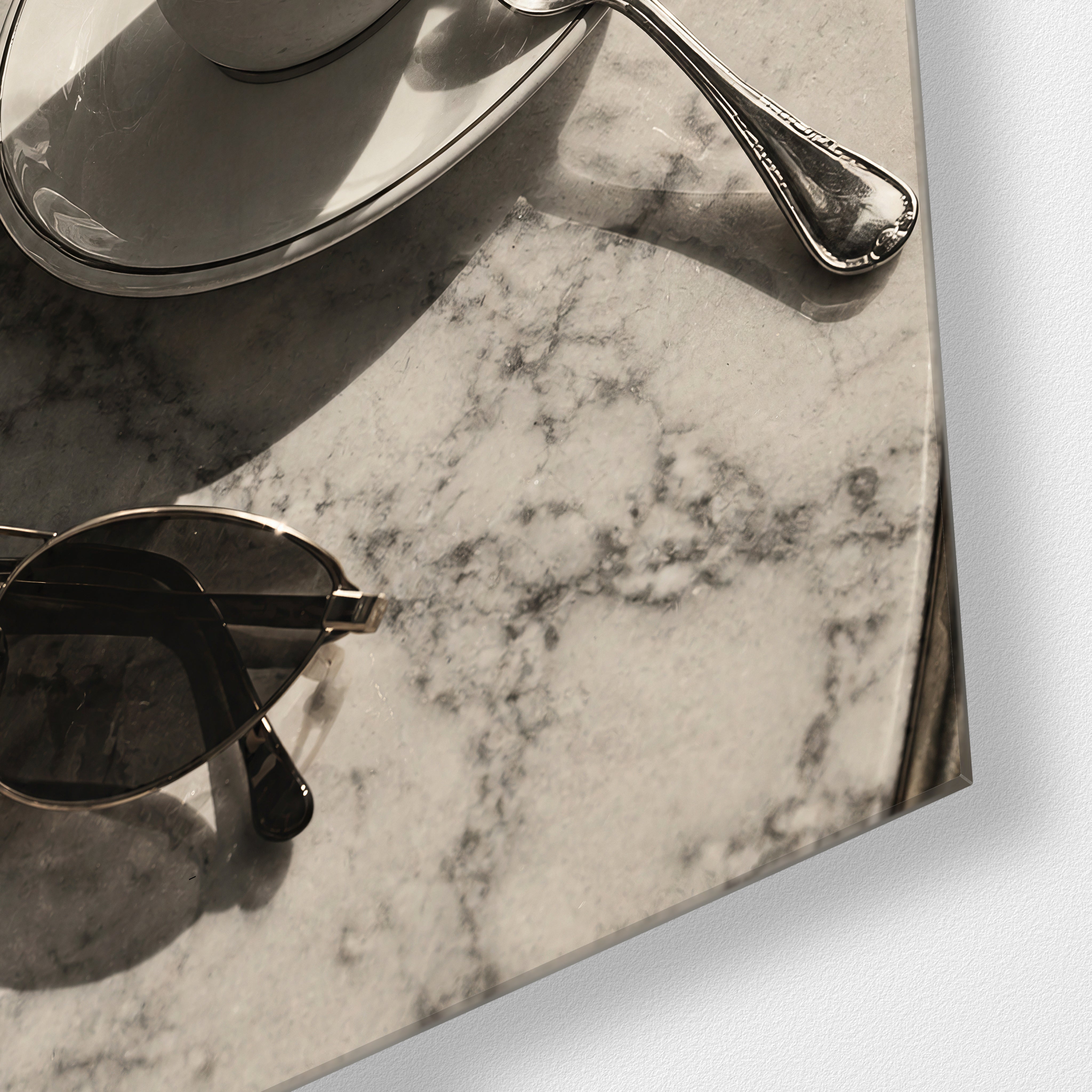 The Slow Club Café Table glass wall art by Artdesigna, close-up view