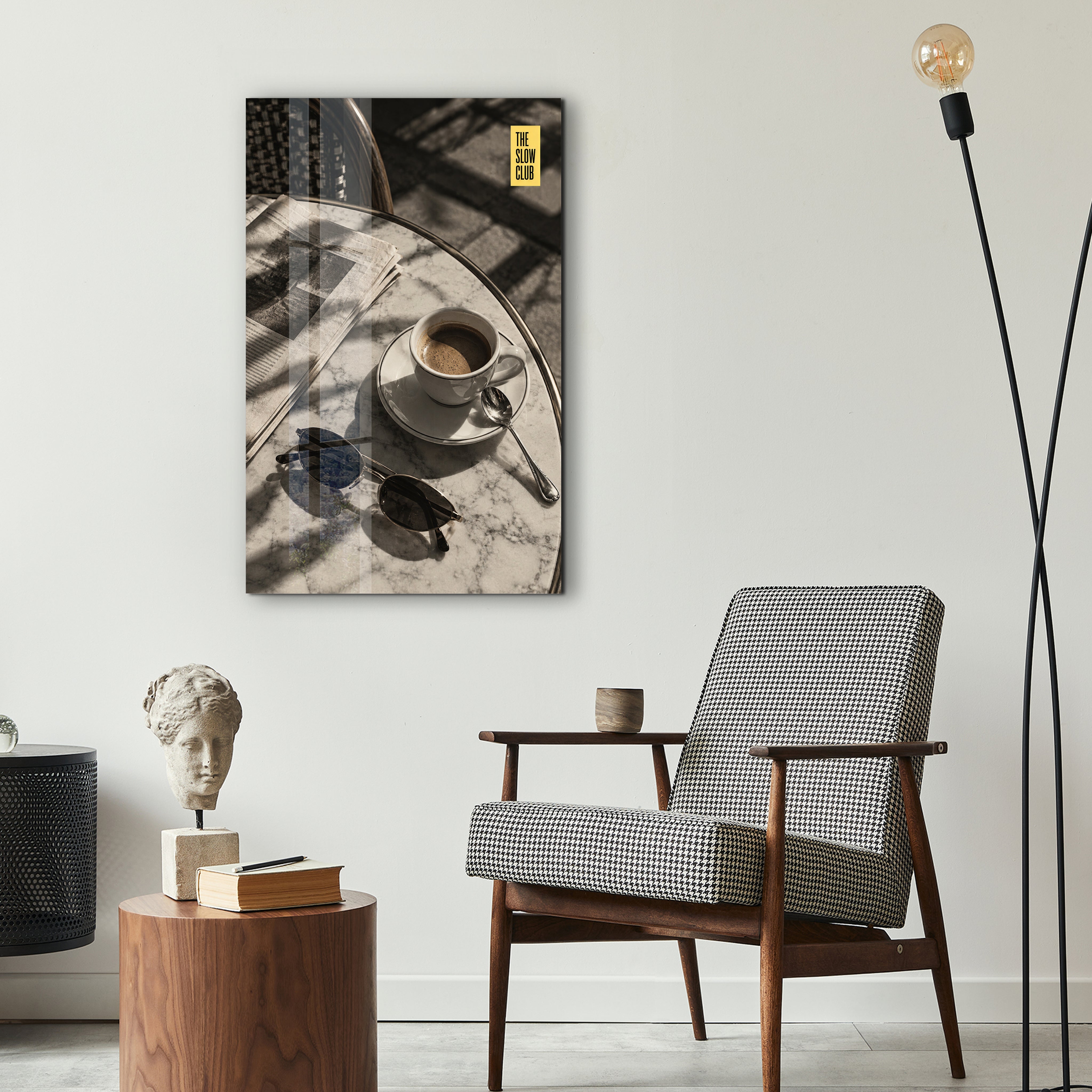 The Slow Club Café Table glass wall art by Artdesigna in a stylish interior setting