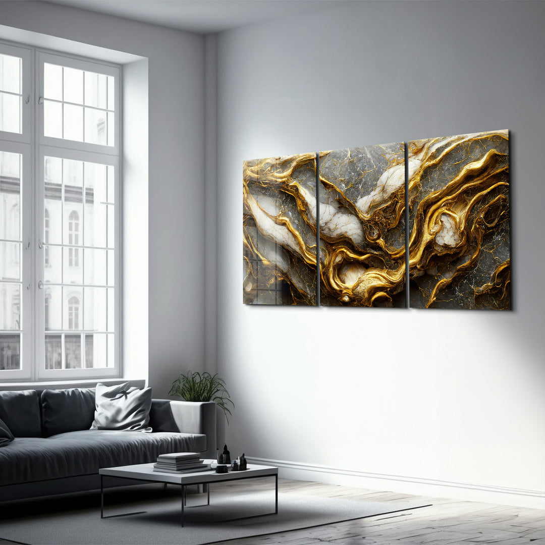 ・"Golden Roots in the Marble - Trio"・Glass Wall Art