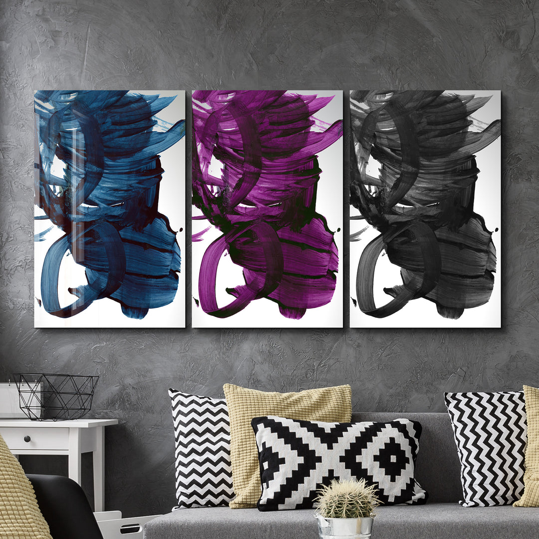 ・"Abstract Brush Strokes - Trio"・Glass Wall Art