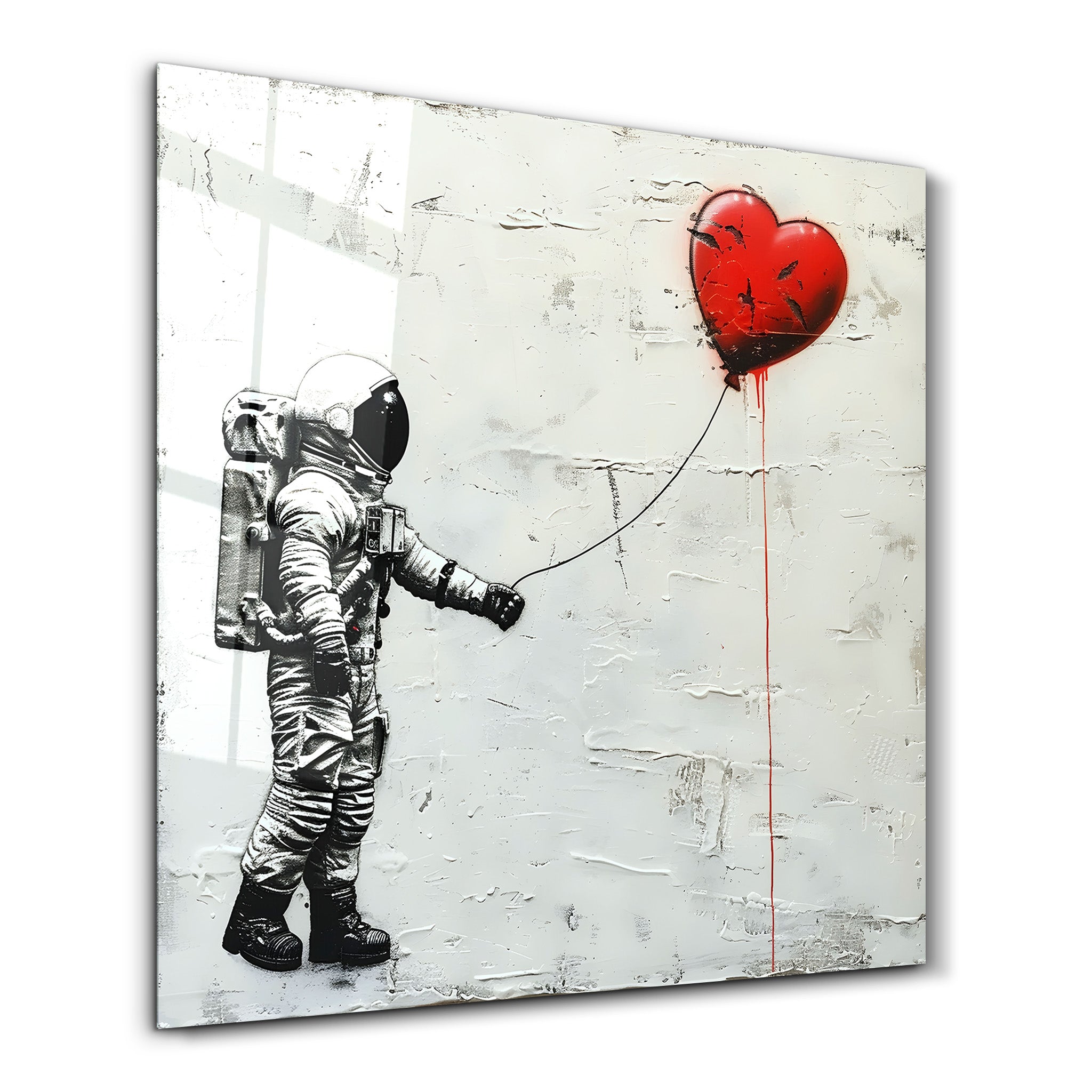 Heart Balloon in the Astronaut's Hand | Banksy Style Glass Wall Art