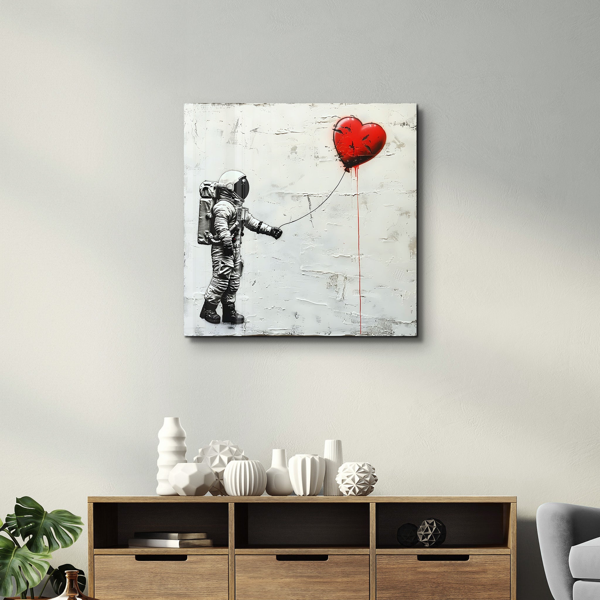 Heart Balloon in the Astronaut's Hand | Banksy Style Glass Wall Art