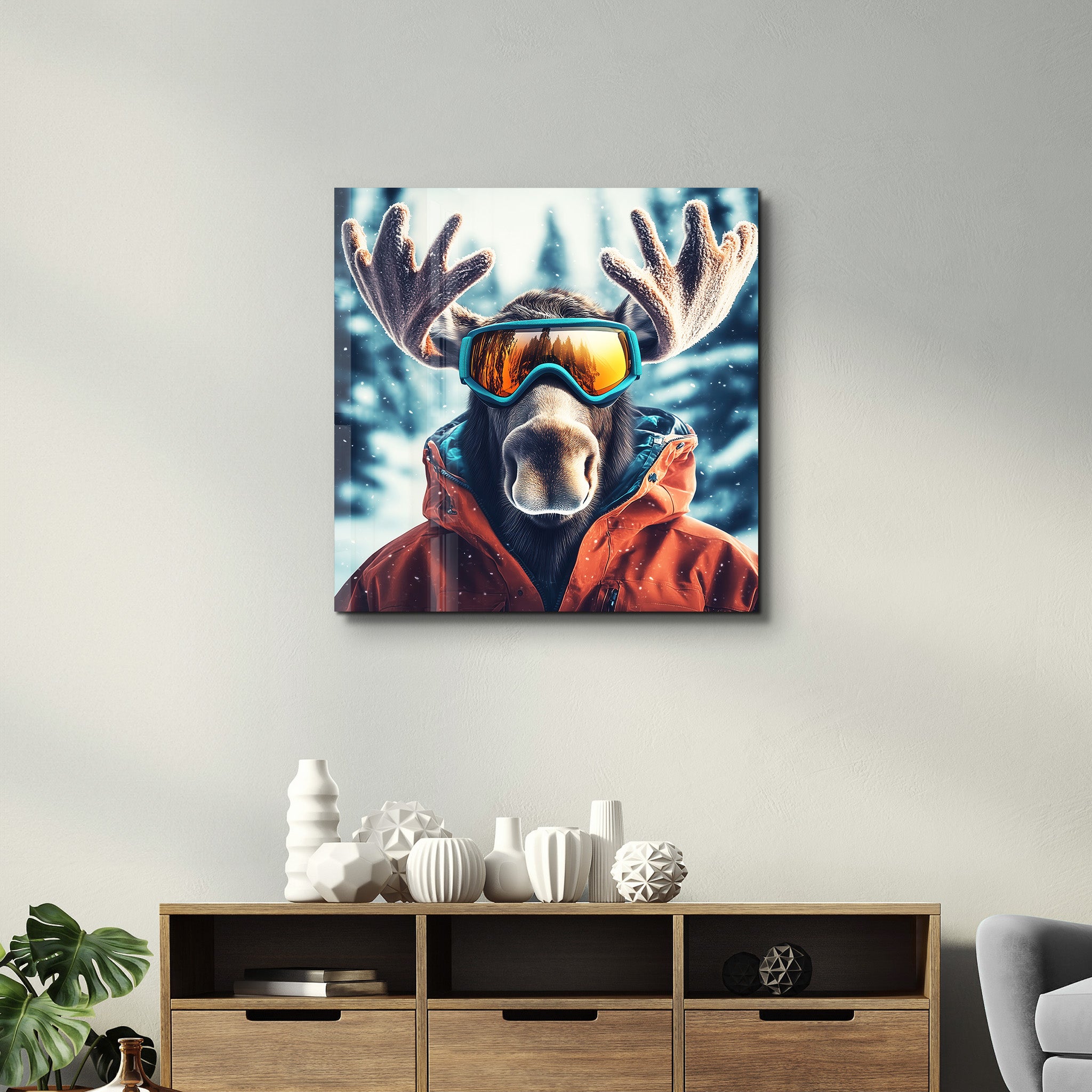 Moose's Snowy Adventure | Glass Wall Art