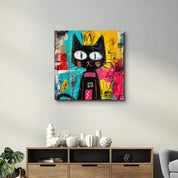 The Crowned Feline: Abstract Graffiti Cat Wall Art | Glass Wall Art