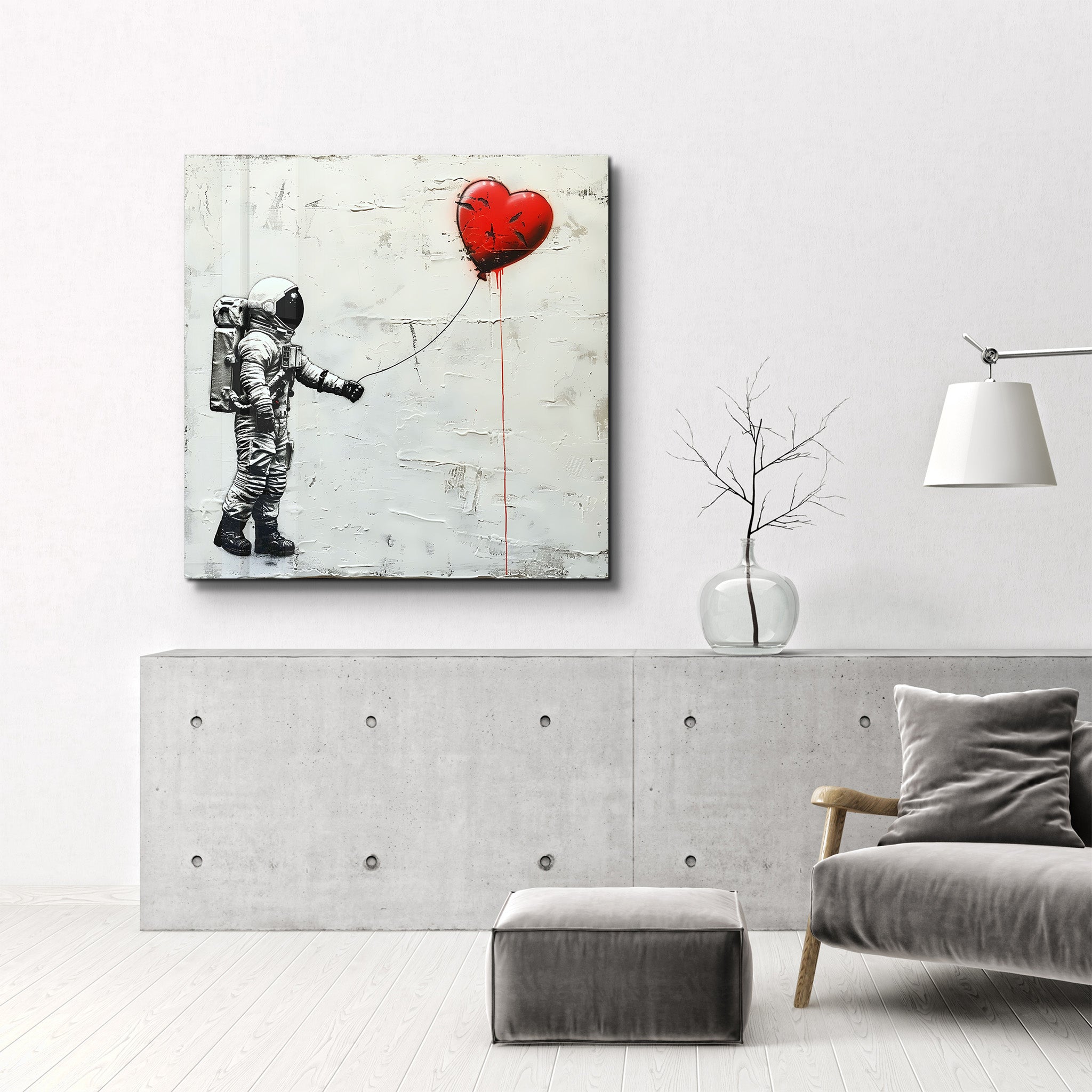 Heart Balloon in the Astronaut's Hand | Banksy Style Glass Wall Art - Artdesigna