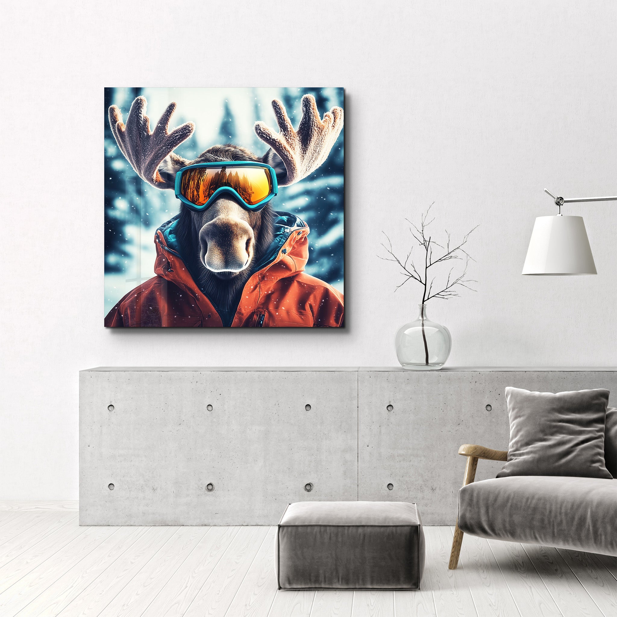 Moose's Snowy Adventure | Glass Wall Art