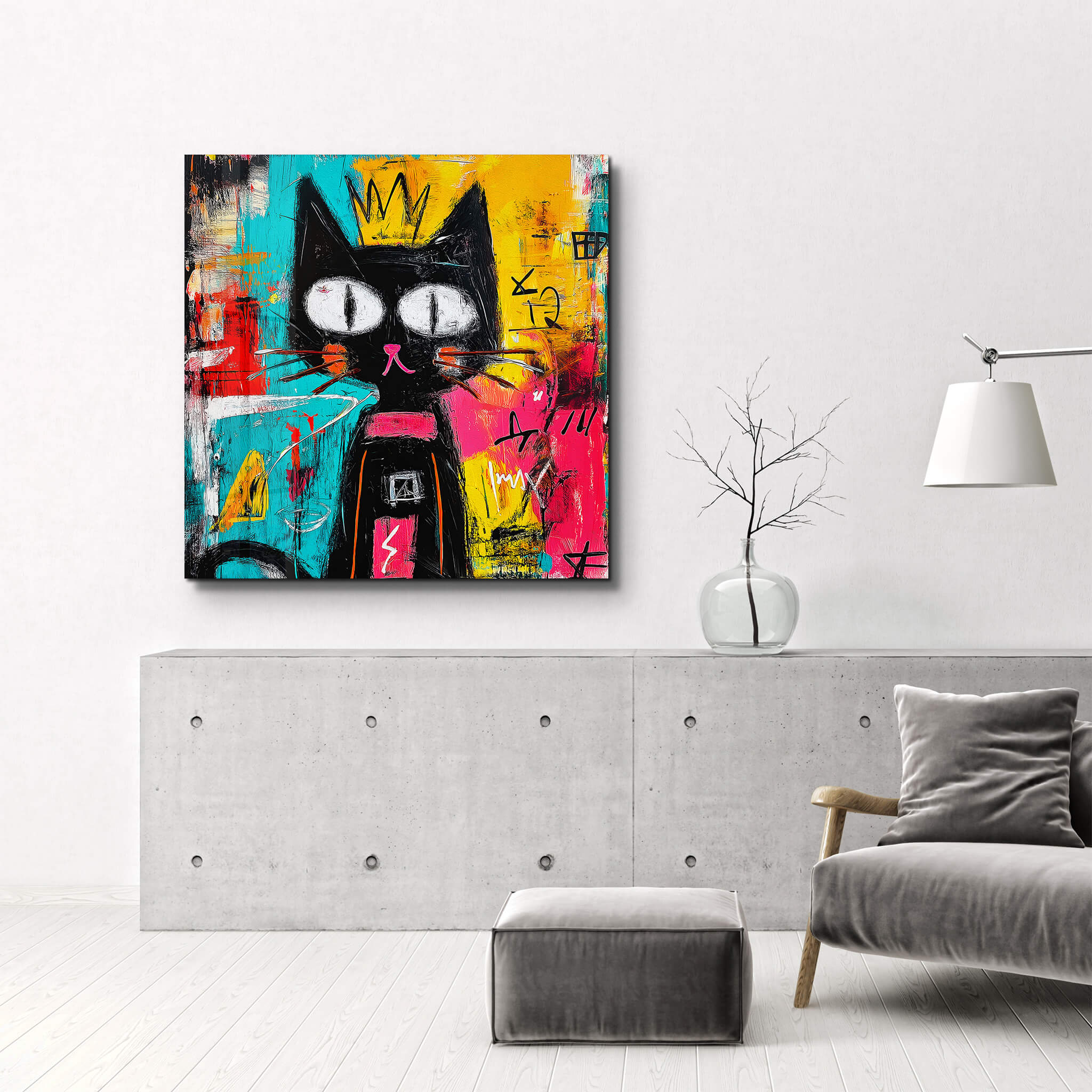 The Crowned Feline: Abstract Graffiti Cat Wall Art | Glass Wall Art