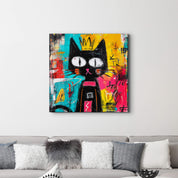 The Crowned Feline: Abstract Graffiti Cat Wall Art | Glass Wall Art