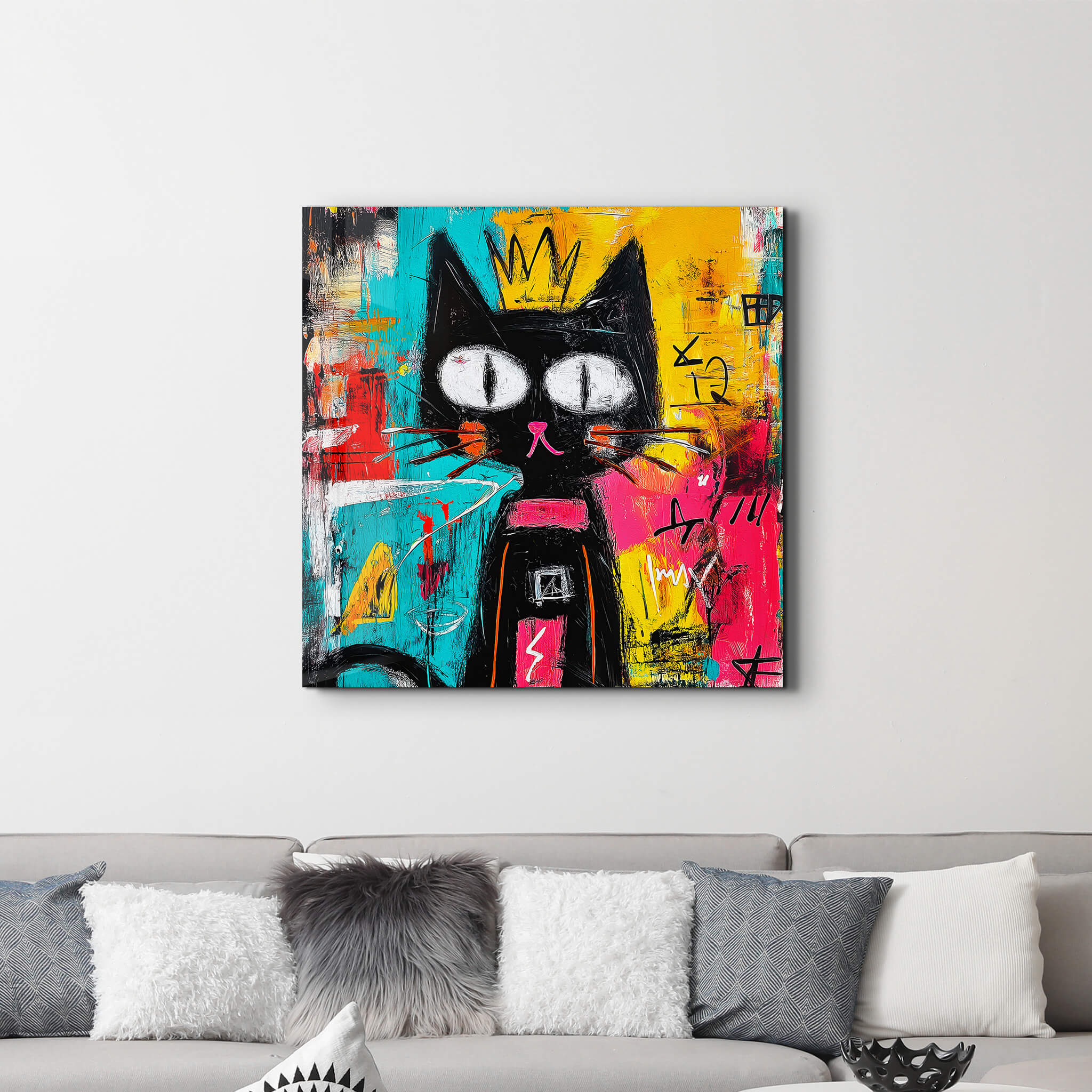 The Crowned Feline: Abstract Graffiti Cat Wall Art | Glass Wall Art