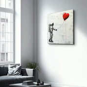 Heart Balloon in the Astronaut's Hand | Banksy Style Glass Wall Art