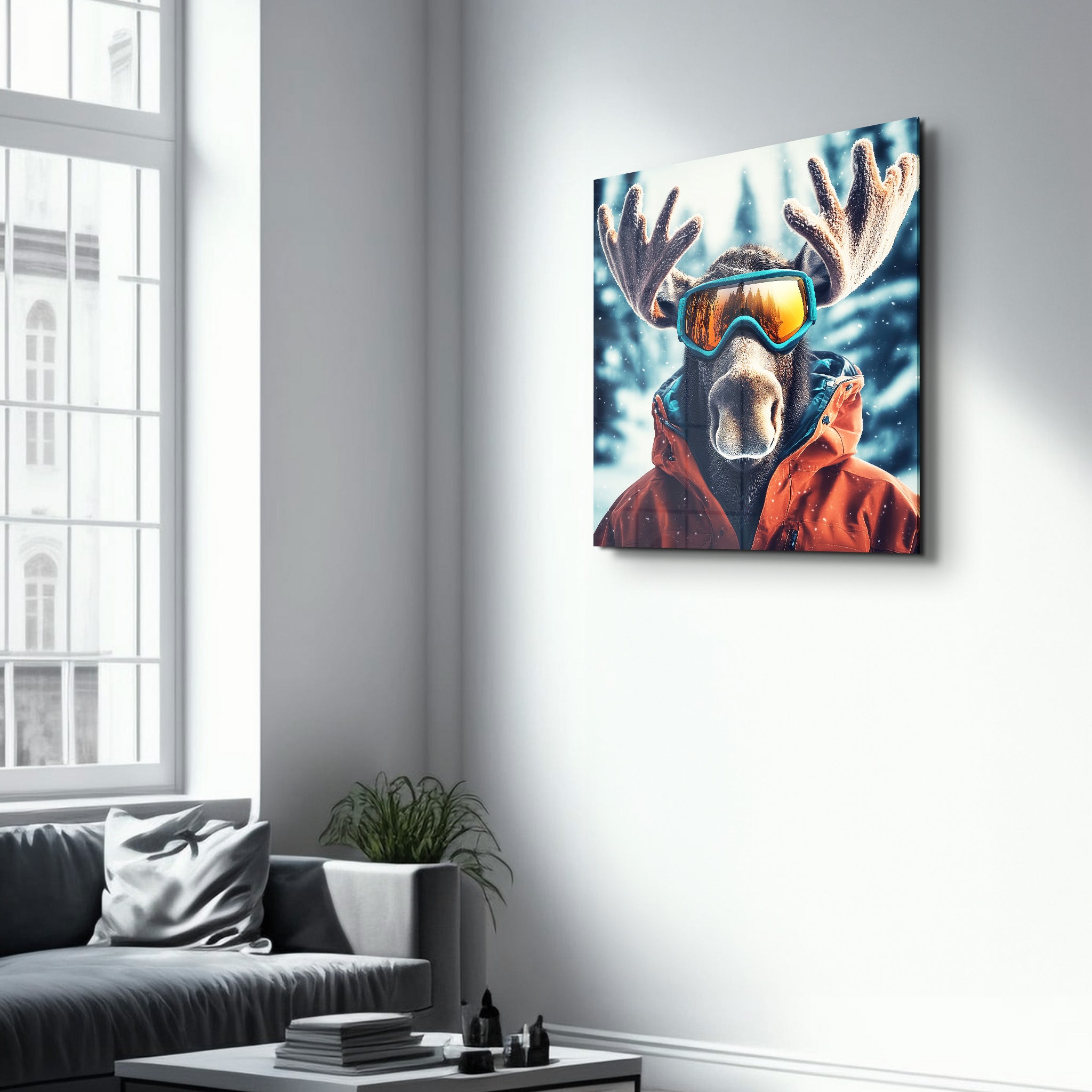 Moose's Snowy Adventure | Glass Wall Art